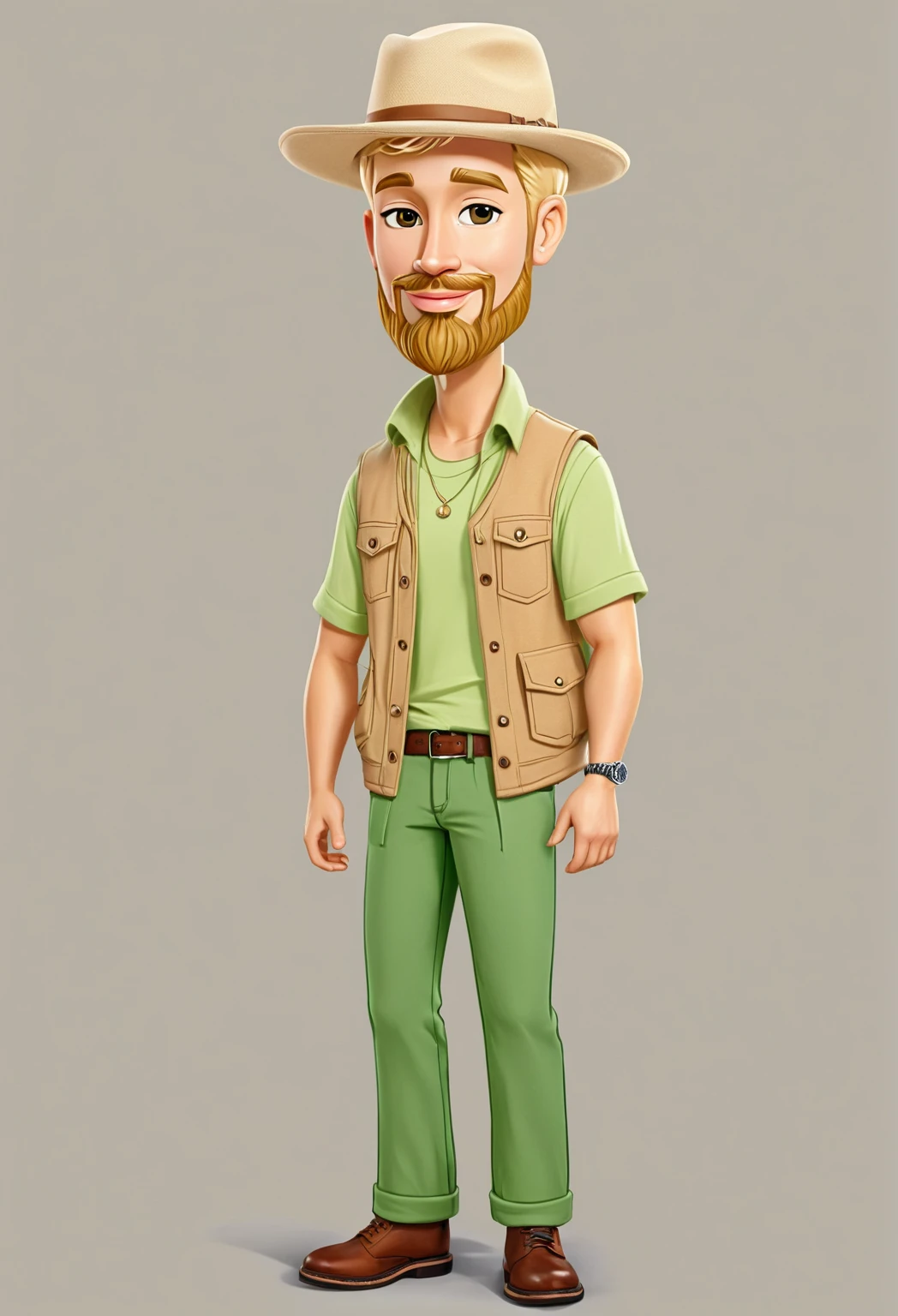 make a blond man, short hair, full beard, beige brimmed hat, beige vest, green t-shirt and beige pants full length cartoon style