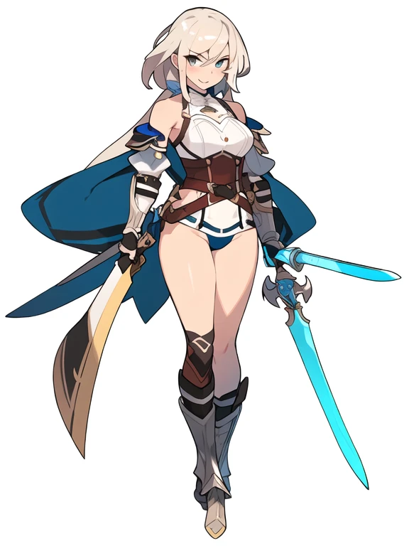 female, variety of hair styles lineup, variety of hair colors, (cropped shoulders), sword, holding sword, gloves, white background, full body, highleg leotard, solo, gauntlets, ((greaves, Cuisses)), zettai ryouiki, loincloth, bare shoulders, detached sleeves, belt, corset, dark blonde hair,