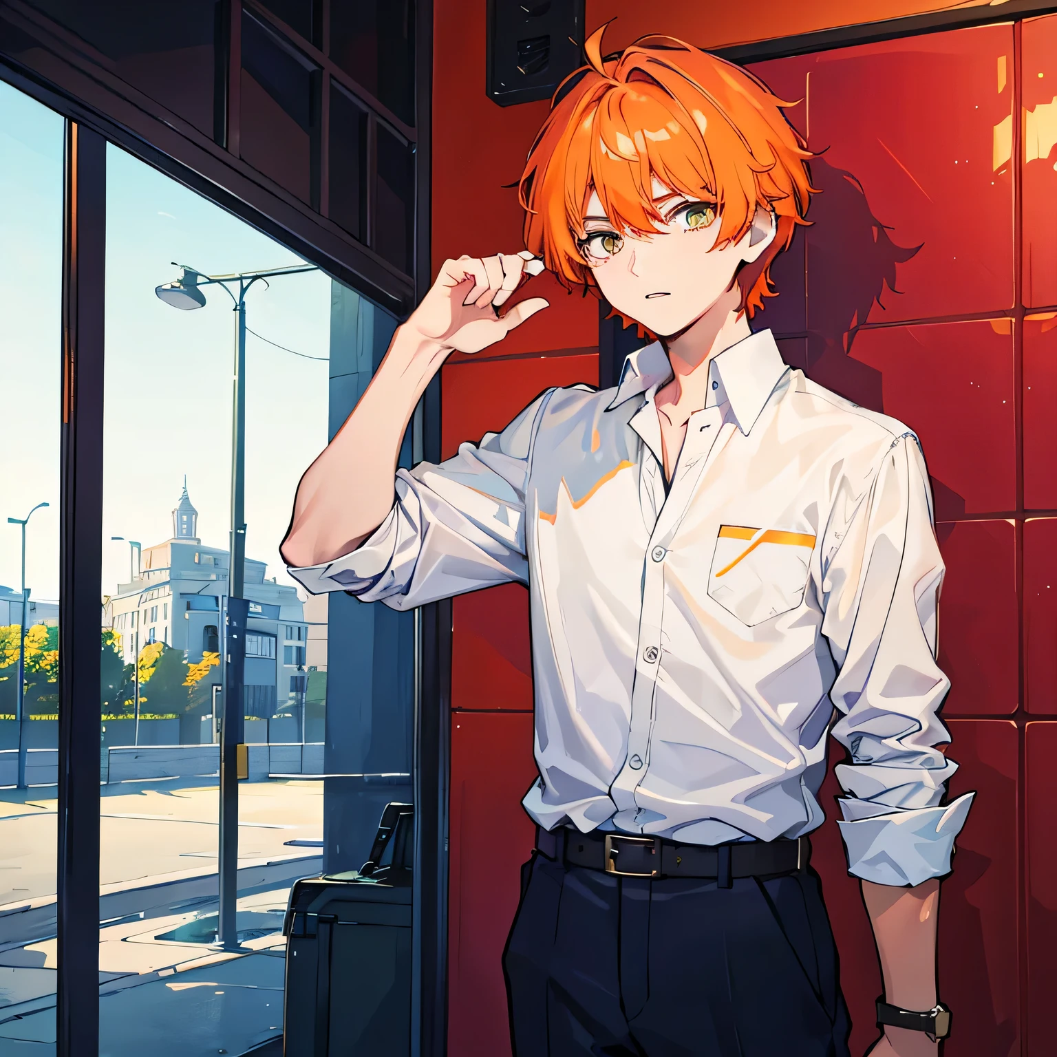 A -yeld haome boy with short orange hair and a preppy style gives a motivational speech.