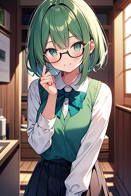 masterpiece,best quality, 1girl, green hair, green eyes, smile, solo, closed mouth,looking at viewer, blush, short hair, bangs, upper body,skirt,pink bow,((wearing a glasses))