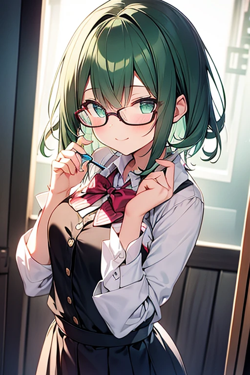 masterpiece,best quality, 1girl, green hair, green eyes, smile, solo, closed mouth,looking at viewer, blush, short hair, bangs, upper body,skirt,pink bow,((wearing a glasses))