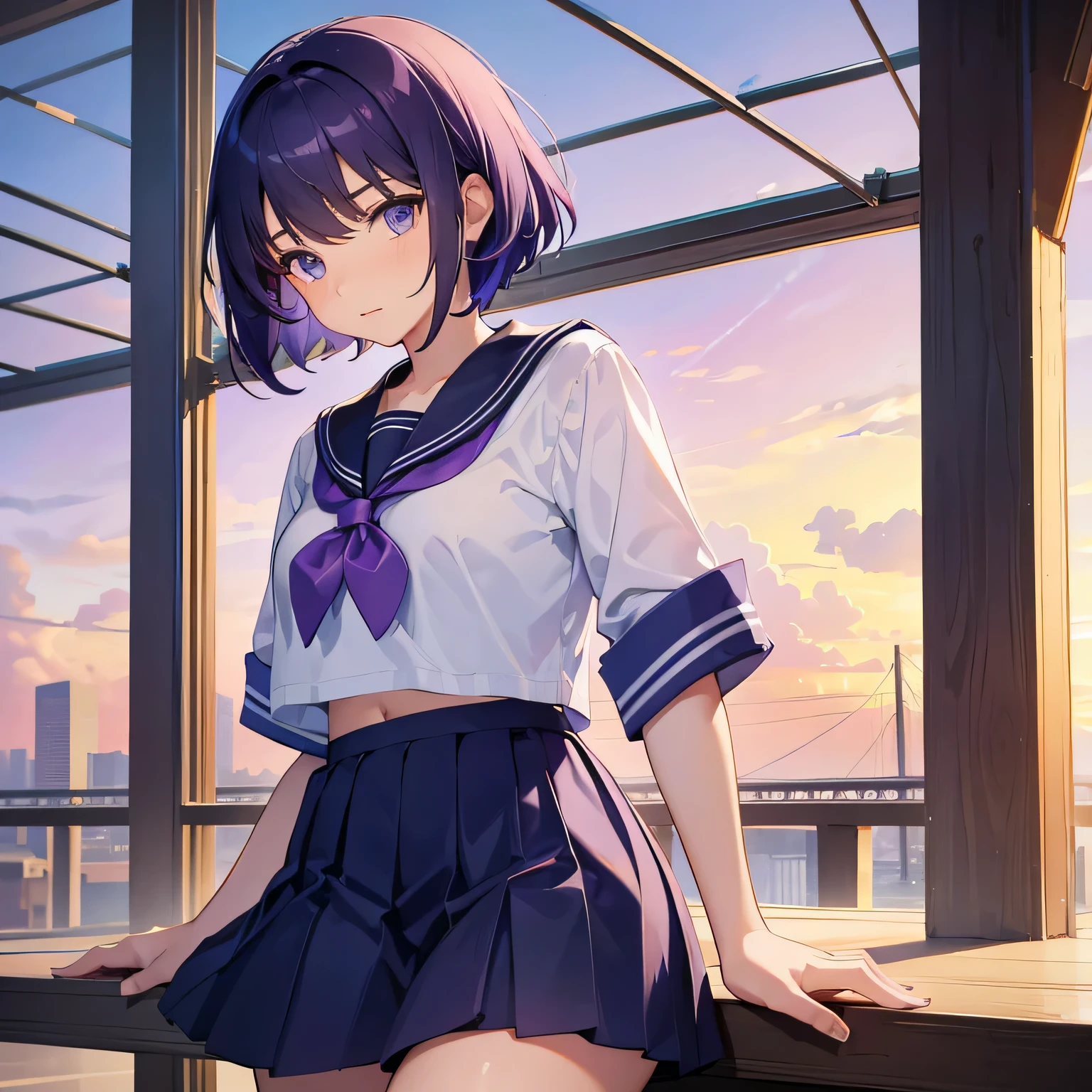 -yeld giwith purple short hair wearing sailor uniform