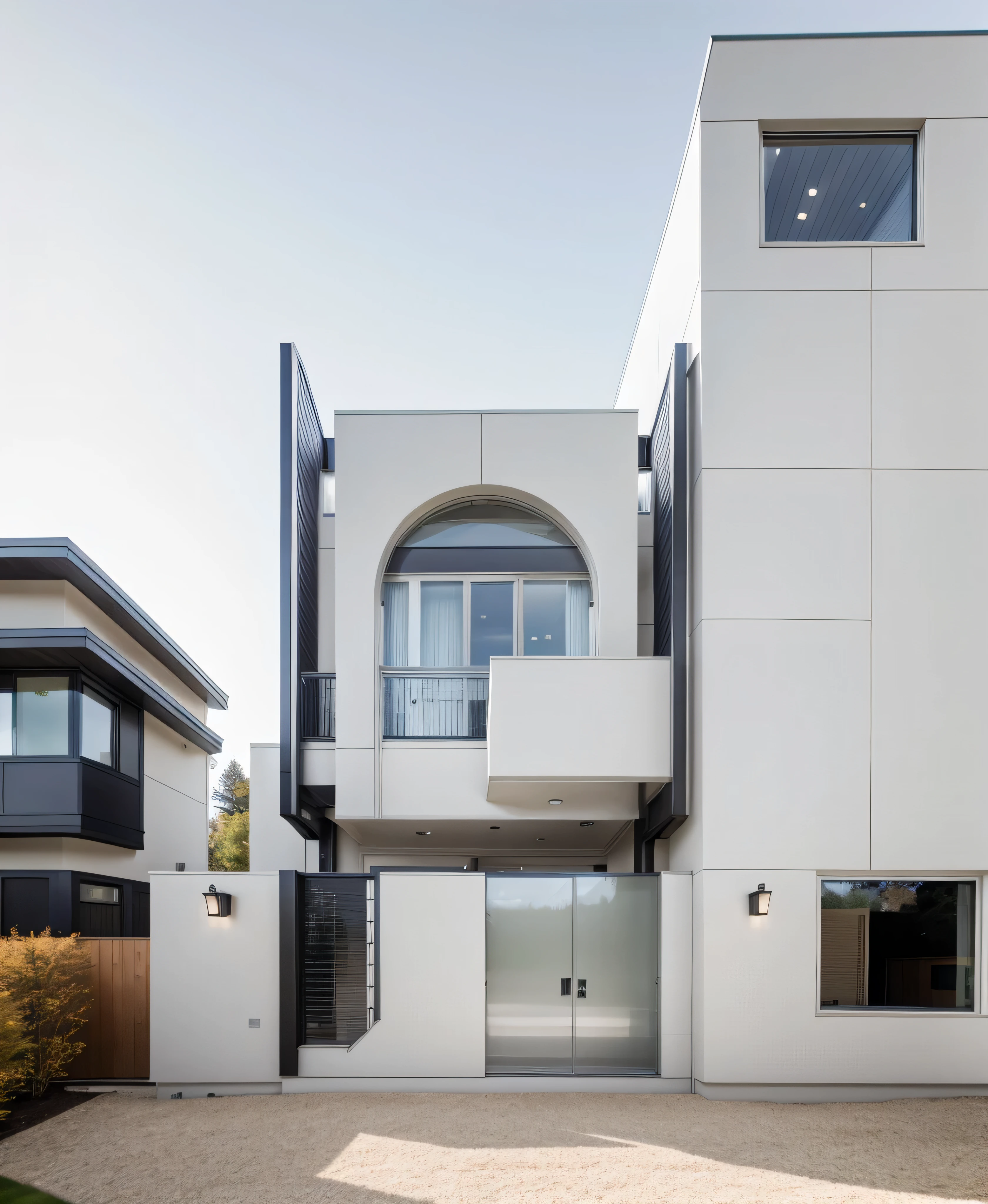 house exterior contemporary style, modernism, glass doors and windows,black metal rail, conwood ceilling, masterpiece, highquality, realistic photo, canon eos 5D mark, natural light, 