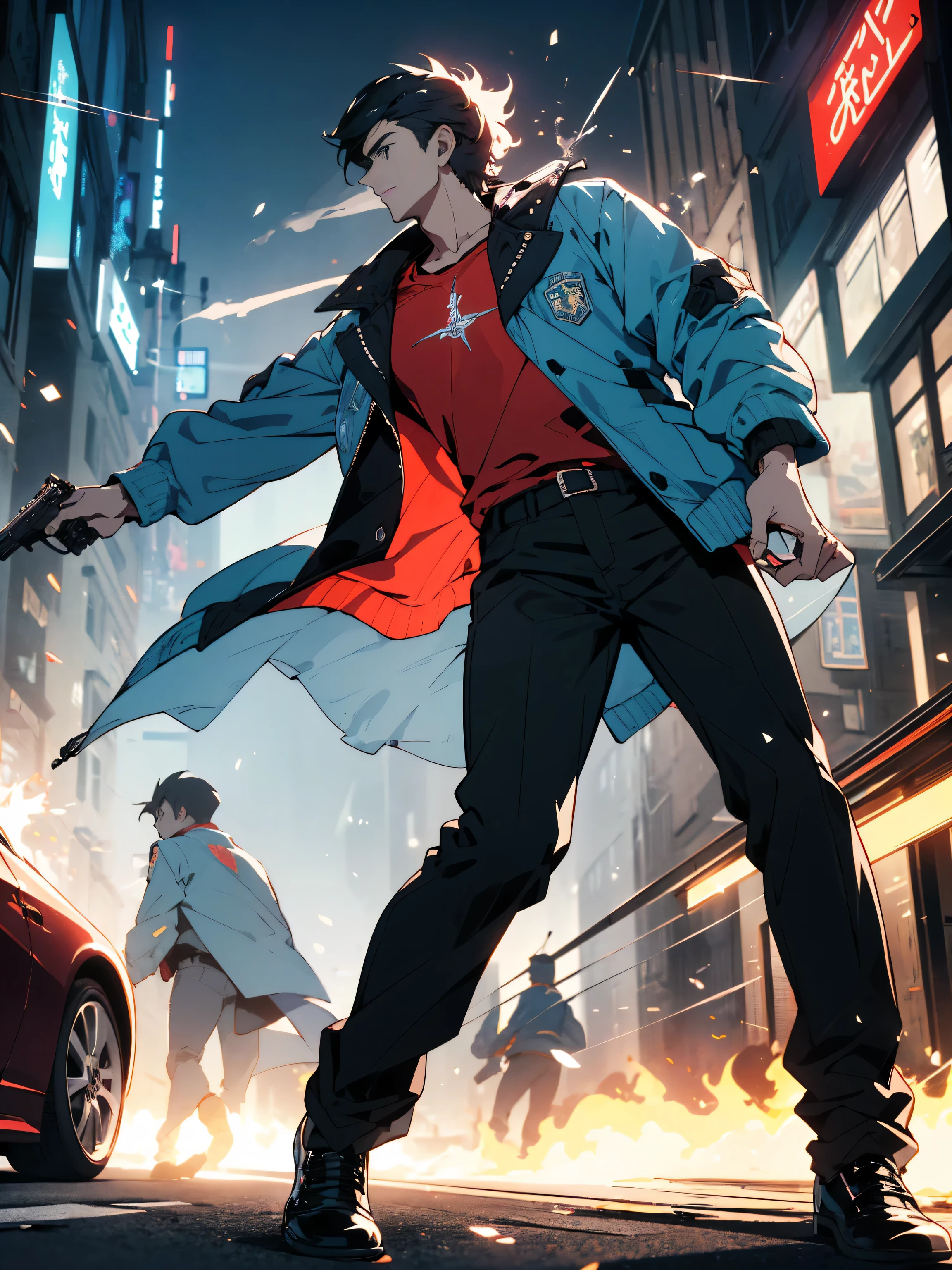 (highest quality、masterpiece、High resolution、detailed)、(Shining eyes、detailed beautiful face)、(Colt Python 357 Magnum: 1.8, holding pistol in right hand: 1.5), (1 man:1.8, handsome: 1.6), (short black hair: 1.3), BREAK, (pale blue jacket: 1.6, red inner T-shirt: 1.5, black skinny pants: 1.7), (black leather shoes: 1.6) (both jacket sleeves on arms turned up:1.5), BREAK,.
(city center at night), (car blasting in background), (sparks and gunpowder smoke around), (dynamic angle), cool animation,, BREAK.
