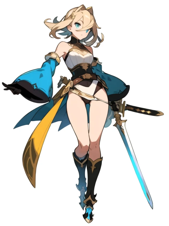 female, variety of hair styles lineup, variety of hair colors, (cropped shoulders), sword, holding sword, gloves, white background, full body, highleg leotard, solo, gauntlets, ((greaves, Cuisses)), zettai ryouiki, loincloth, bare shoulders, detached sleeves, belt, corset, dark blonde hair,
