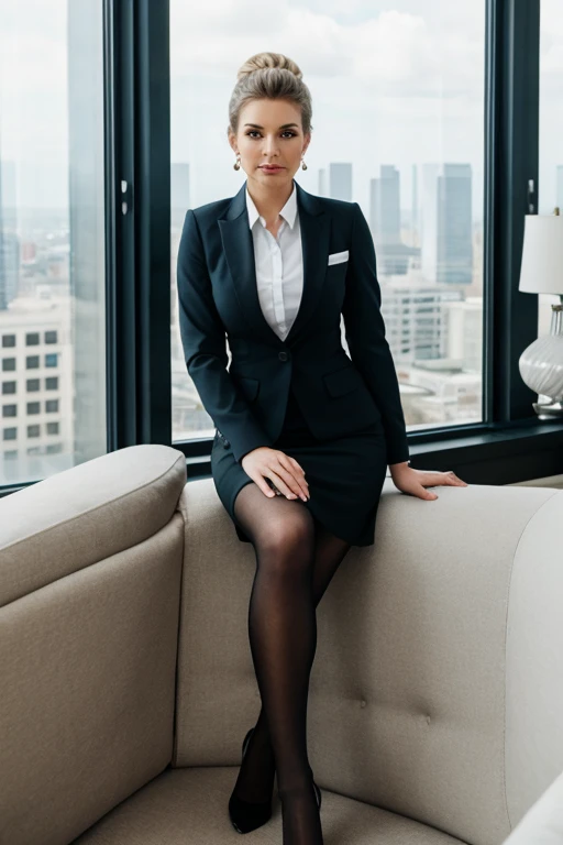 (Masterpiece, Professional lighting, 16k, 8k wallpaper, raw photo, photorealistic:1.8, ultra detailed, natural gentle lighting, detailed skin, detailed face, detailed eyes, textured skins, cinematic composition, detailed background:1.2 ), (A secretary inside parlor, full body, from above), ultra detailed face, skinny body, white skin, blonde hair, luxury sofa, sitting down, business suit with tight skirt, pantyhose, high heels, upturned eyes:0.9, looking at viewer, sexual suggestive, earrings, embarrassed, flaunted, updo, wavy hair:0.8, formal room, wide window, skyscrapers, pen, documents, Caucasian