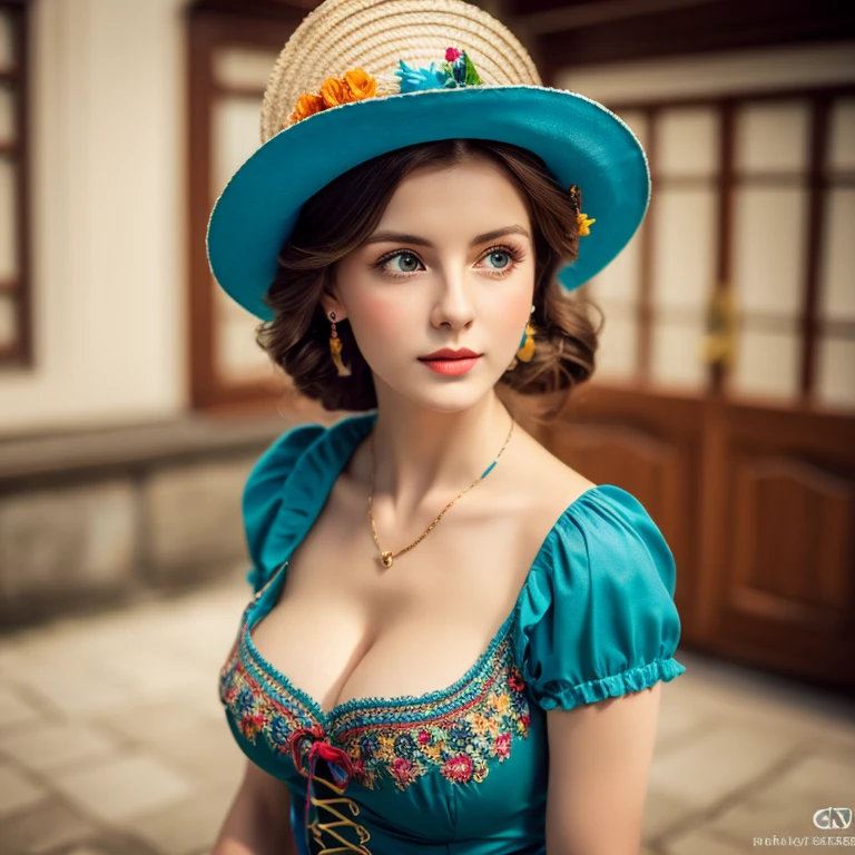 Create realistic 3D images, wide angle, half body, highest resolution. Vintage photo of a beautiful, cute Ukrainian girl, 25 years old, wearing sexy clothes, beautiful colors, fashionable, showing off her cleavage.