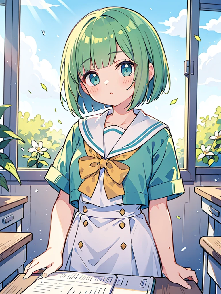 masterpiece, beautiful illustrations, highest quality, pretty girl, 1girl, classroom, pastel colour, sailor collar, (Spring Green bob cut), bright lighting, sky-blue eyes