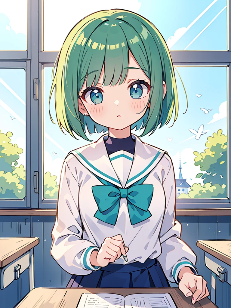 masterpiece, beautiful illustrations, highest quality, pretty girl, 1girl, classroom, pastel colour, sailor collar, (Spring Green bob cut), bright lighting, sky-blue eyes