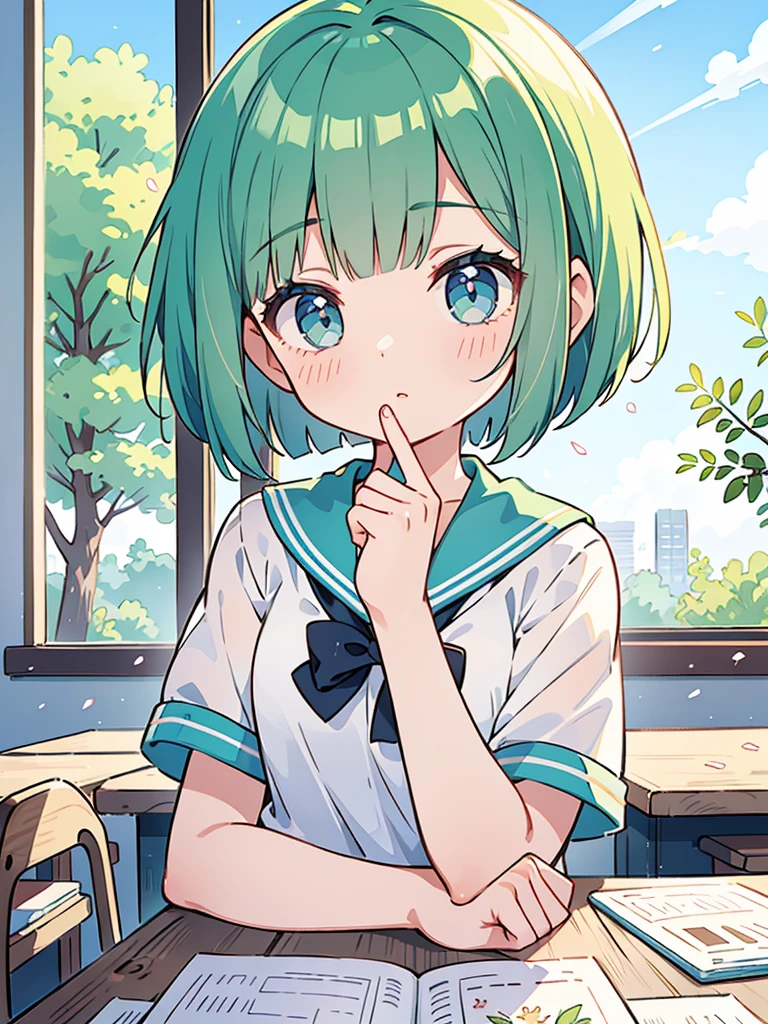 masterpiece, beautiful illustrations, highest quality, pretty girl, 1girl, classroom, pastel colour, sailor collar, (Spring Green bob cut), bright lighting, sky-blue eyes