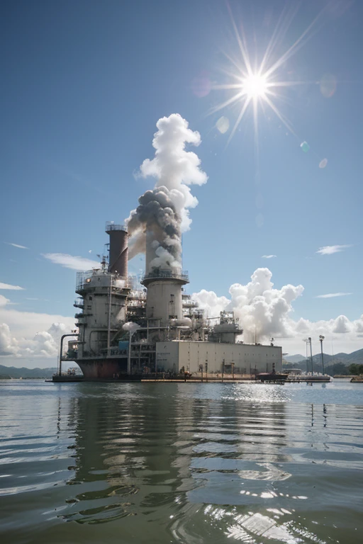 Create an image of an industry damaging the environment, agua, aire