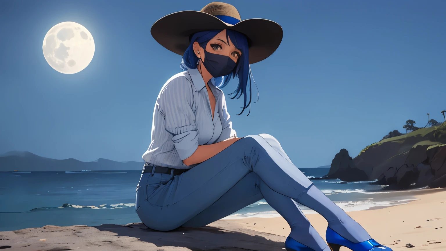 1 mujer madura, cabello corto azul, camisa polera azul con botones, pantalones formal, sombrero mediando azul, fondo luna llena de noche, el mar, sitting showing her blue heels with a blue mask