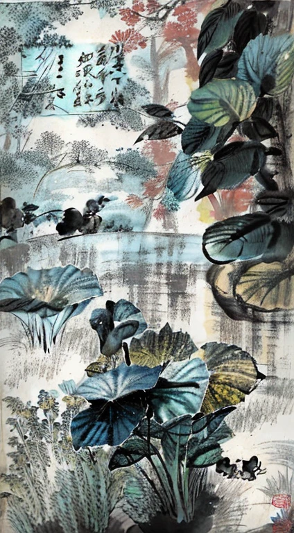 Chinese painting style,There are plants and animals in the picture,Feather composition