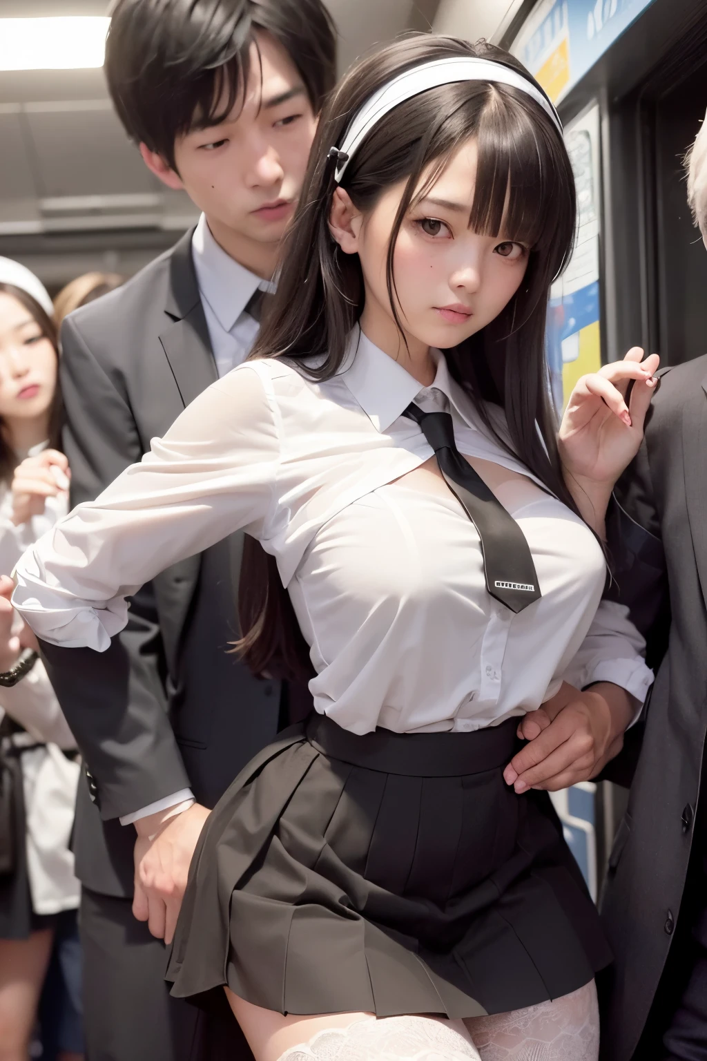 (SFW), ((photorealistic)), (masterpiece), (best quality:1.3), absurdness, [:intricate details1.3], SFW, realistic, masterpiece, (VERY crowded subway train interior detailed scenario, VERY crowded subway train interior detailed background), standing insanely hot (young  girl1) using sexy ((skirt)), ((behind skirt lifted)), ((3/4 white stockings, big ass)), ((thick thighs)), (fear expression), (blushed face), (perfect body proportions)), old small man ass groping young small 1 from behind, (((old small man pressing his chest on young woman 1 back))) and (((holding her waist behind her)))