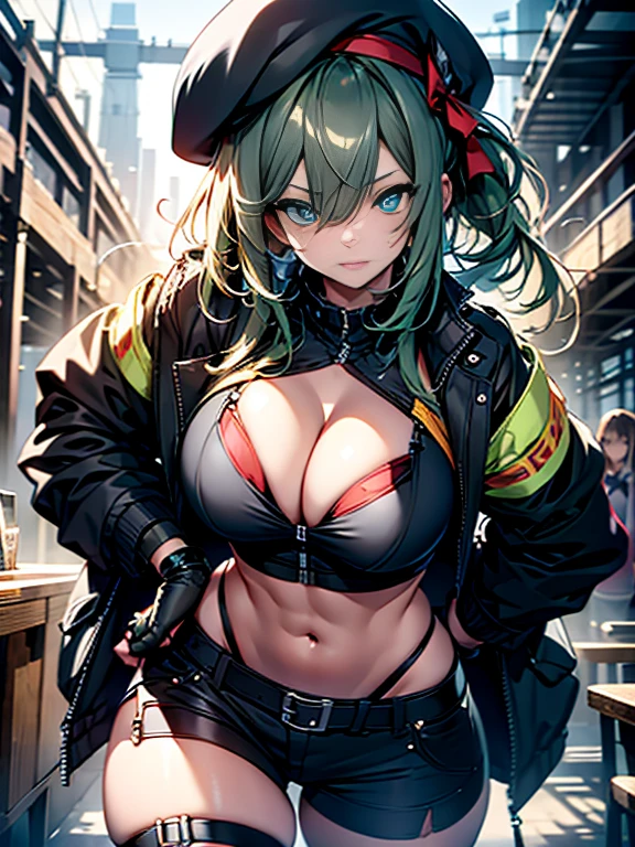ubel,dark green hair,long hair,side ponytail,hair between eyes,bangs, BREAK (beret, black jacket, open clothes, cleavage, midriff, black shorts, black thighhighs, thigh strap, fingerless gloves, single glove:1.2) BREAK blurry background, BREAK pose, hand on hip, BREAK (masterpiece:1.2), best quality, high resolution, unity 8k wallpaper, (illustration:0.8), (beautiful detailed eyes:1.6), extremely detailed face, perfect lighting, extremely detailed CG, (perfect hands, perfect anatomy),