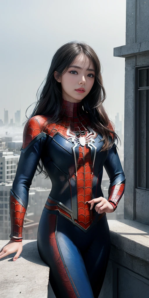 (1 girl:1.3), alone, (((Very Detailed face)))), ((The eyes and face are very detailed)))), beautiful details eyes, body parts__, official art, unified 8k wallpaper, super detailed, fair and fair, fair, masterpiece, best quality, The original, masterpiece, Super detailed photos, best quality, ultra high resolution, realism, Sunlight, full body portrait, amazing beauty, dynamic poses, delicate face, vibrant eyes, (from the front), She&#39;s wearing a Spider-Man suit, red and black color scheme, , 非常详细的城市roof背景, roof, overlooking the city, Detailed face, Detailed complex busy background, messy, Gorgeous, milky, highly refined skin, Realistic skin details, Visible pores, Clear focus, volumetric fog, 8K Ultra HD, DSLR camera, high quality, film grain, White skin, photorealism, Photography, Future dystopian metropolis, translucent