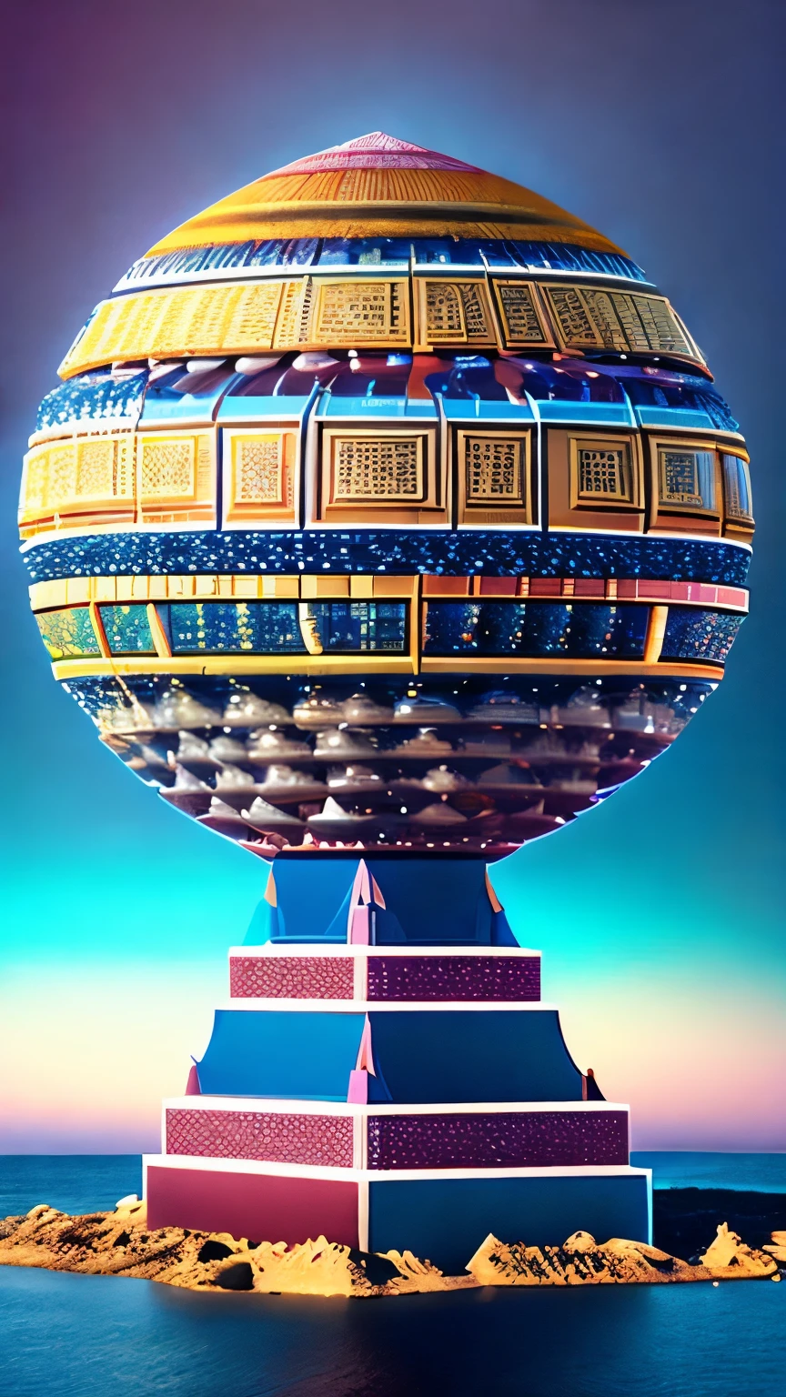best quality, super fine, 16k, RAW photo, photorealistic, incredibly absurdres, extremely detailed, tower made of many giant geometrically shaped blocks stacked on top of each other, translucent iridescent sphere that shines in the center, fantasy world image, fantastic and mysterious