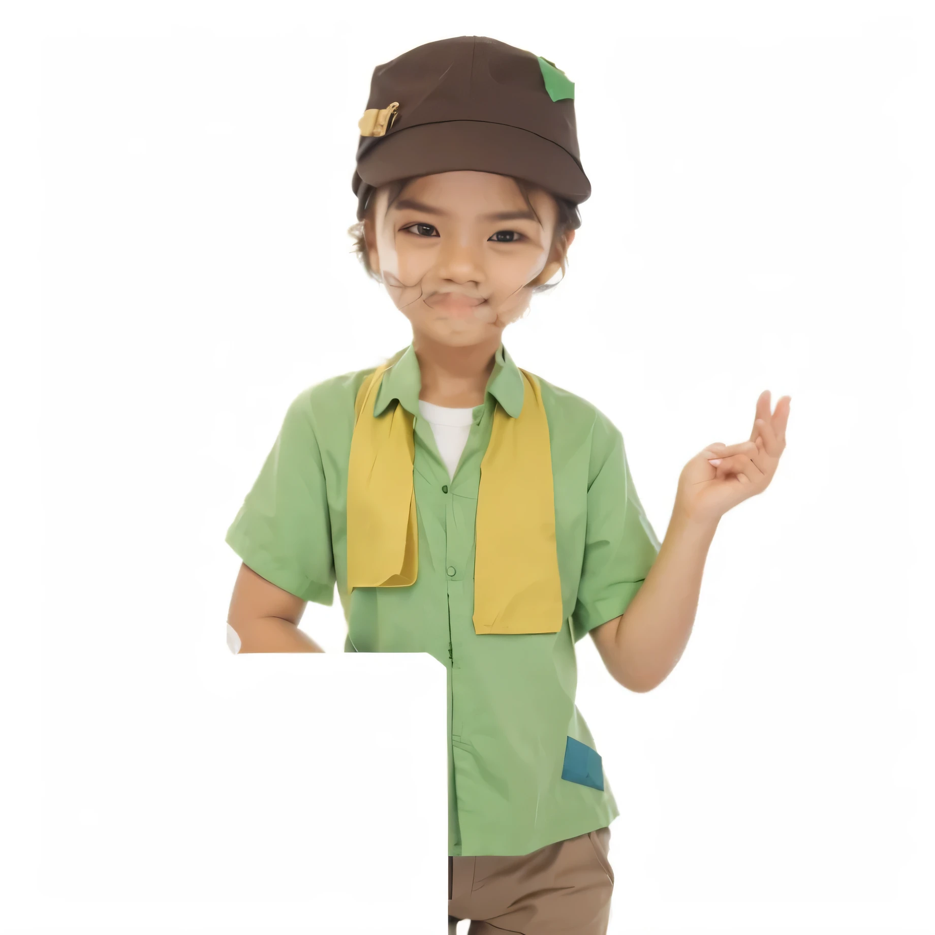 Seorang pria kakek tua, kemeja hijau dan lap keringat di leher, celana coklat, topi coklat,