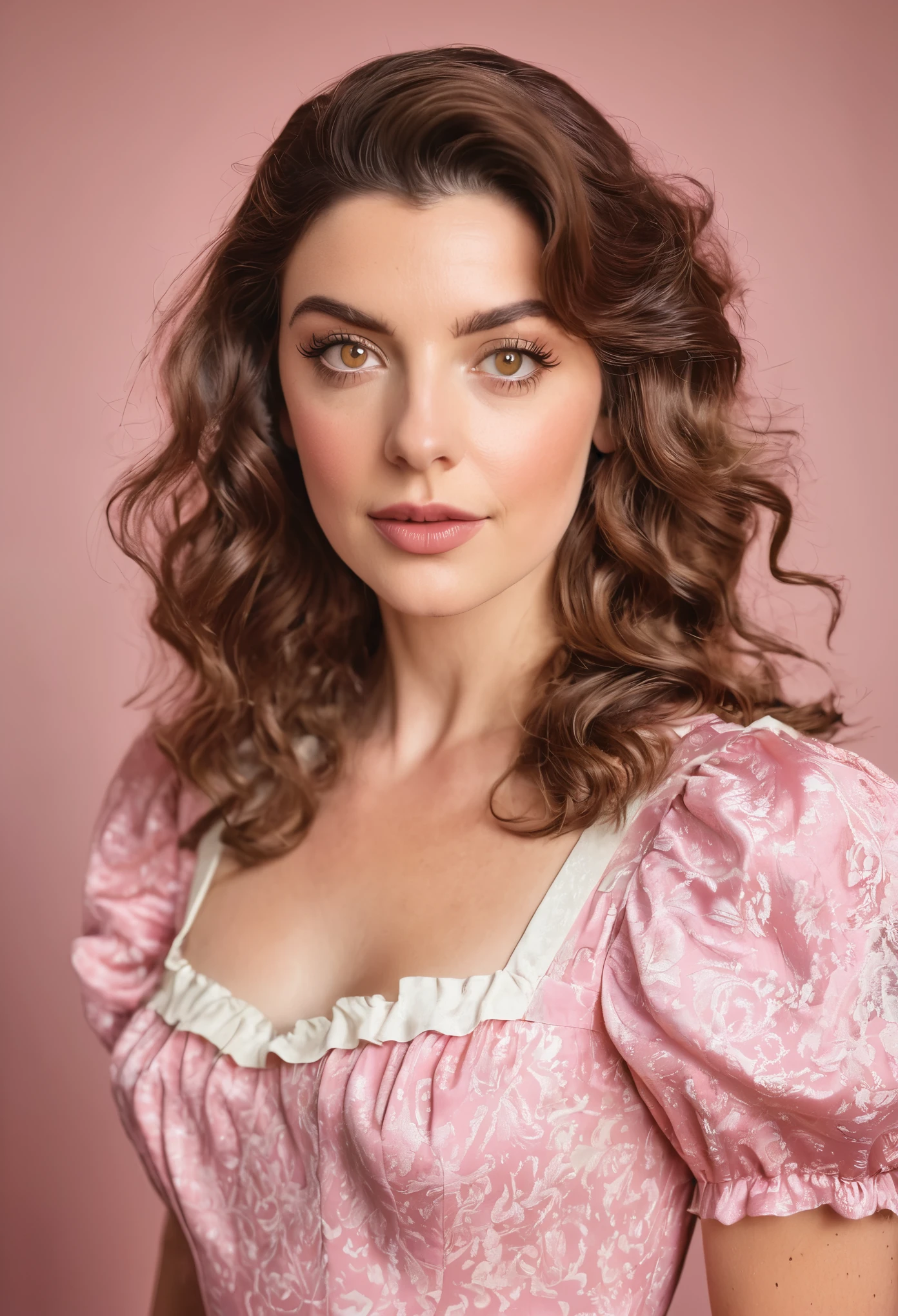 a white woman with wavy brown hair and amber eyes wearing a vintage pink dress