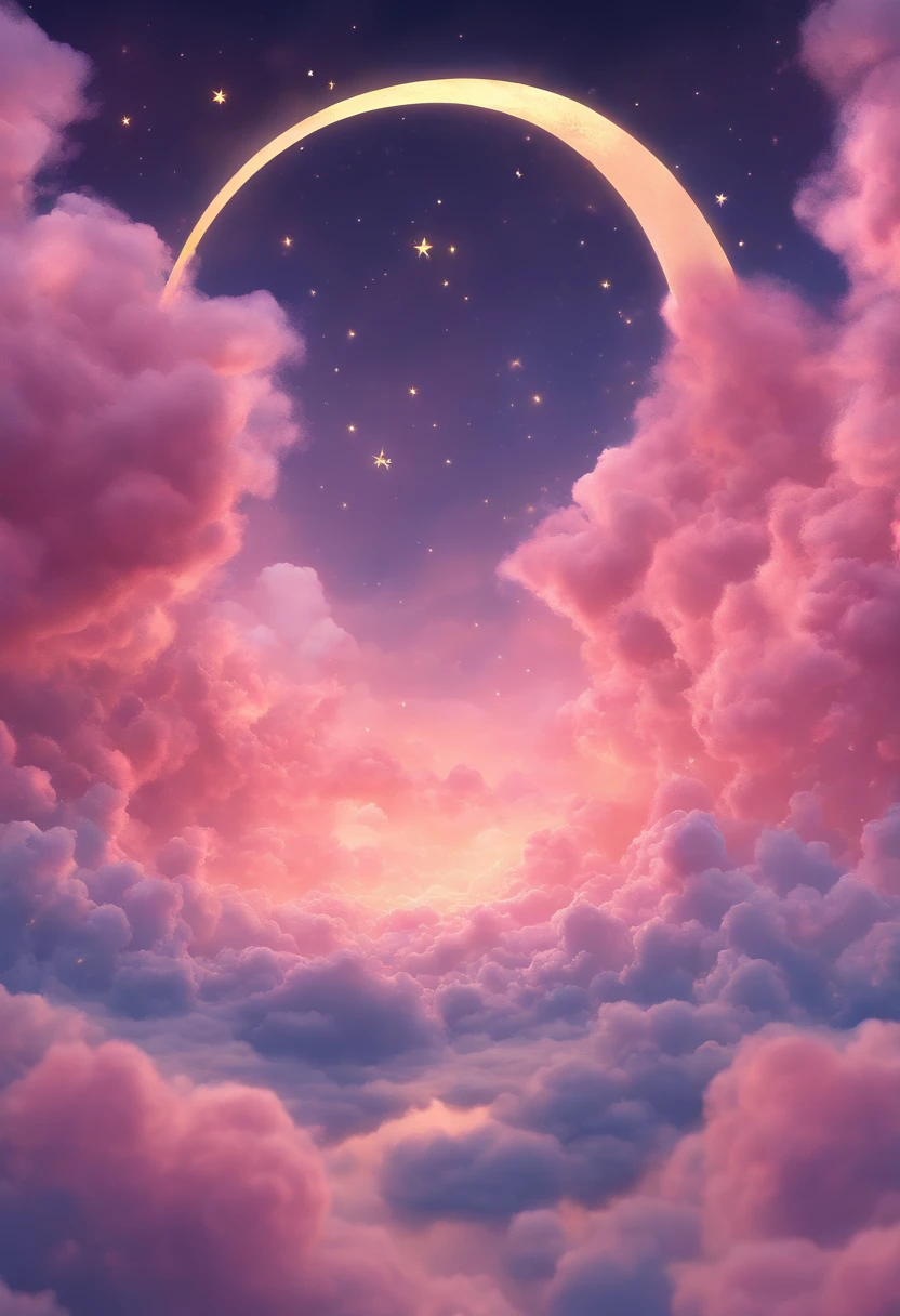a painting of a crescent and stars in the sky, dreamy night, detailed dreamscape, fluffy pink anime clouds, space clouds, anime clouds, anime background, beautiful iphone wallpaper, dreamy clouds, background art, aesthetic clouds in the sky, fantasy puffy sky, anime background art, wallpaper aesthetic, cosmic sky, sitting on the cosmic cloudscape, cloudy night, night clouds