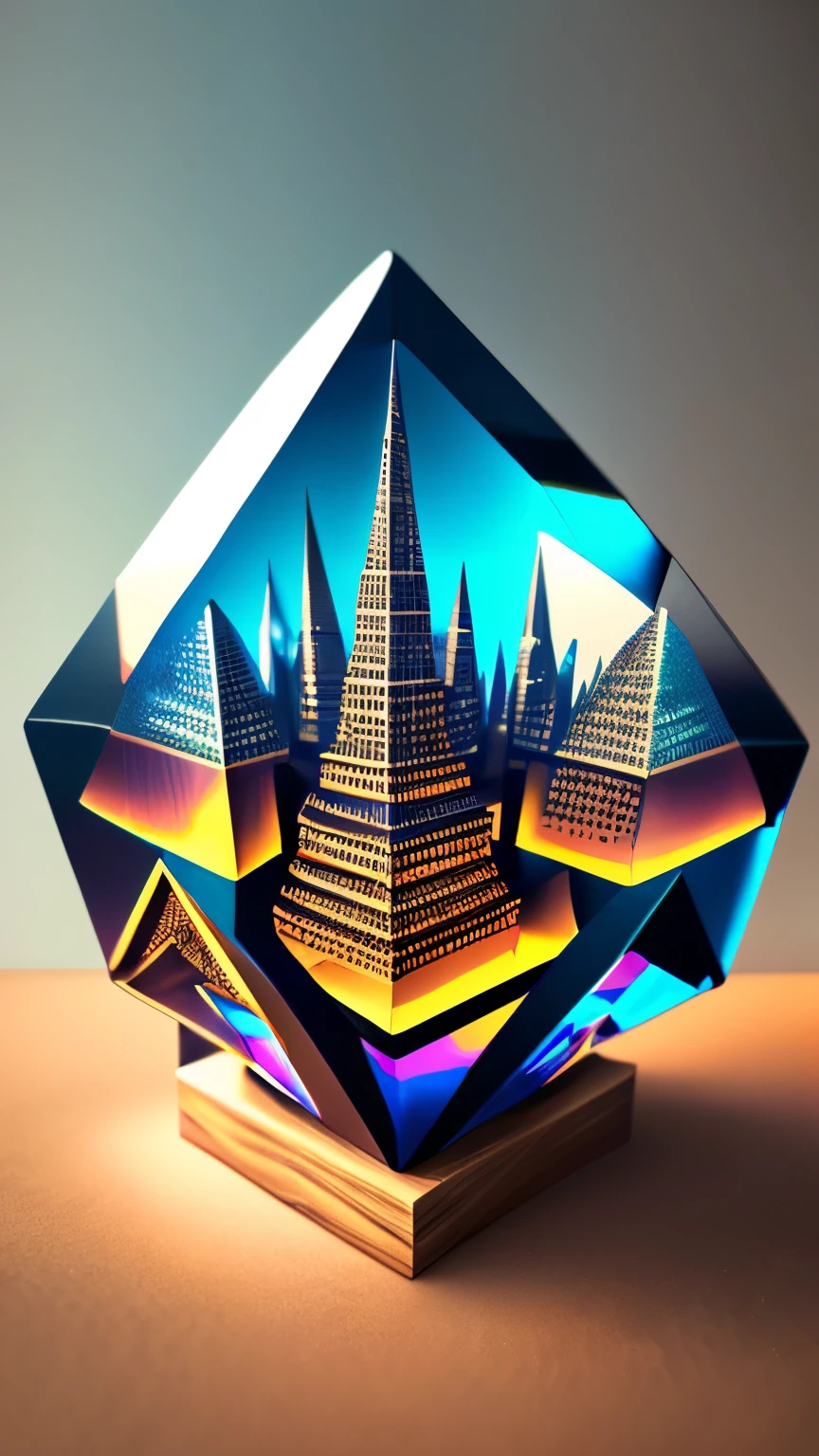 best quality, super fine, 16k, RAW photo, photorealistic, incredibly absurdres, extremely detailed, tower made of many giant geometrically shaped blocks stacked on top of each other, translucent iridescent sphere that shines in the center, fantasy world image, fantastic and mysterious