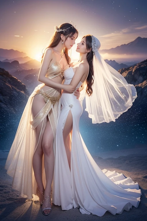 two perfect body girl in a transparent white dress, Holding a star each, aphrodite goddess of love, beautiful fantasy art, ethereal feminine, Beautiful goddess, ethereal beauty, goddess of spring, Ethereal Fantasy, a stunning young ethereal figure, very beautiful fantasy art, celestial goddess, beautiful maiden, goddess of light, realistic illustration, golden sandals, both looking at each other sensually