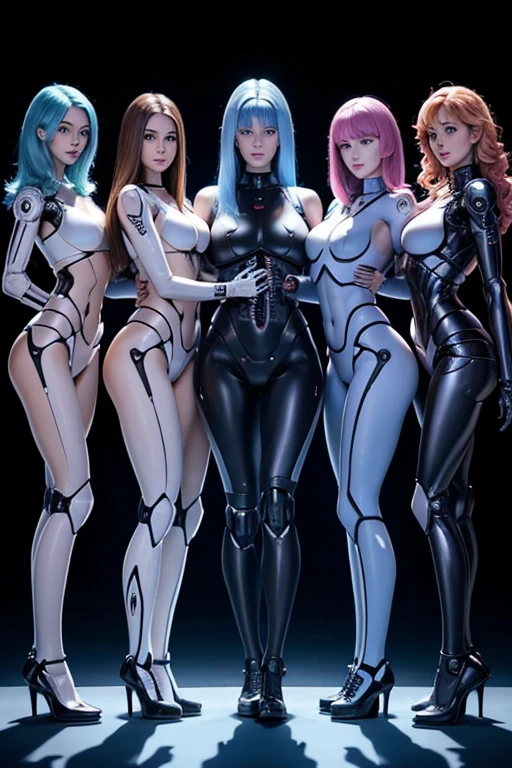 Many girls transformed into Woman Cybertrons,
whole body mechanics,
Only the faces of all of them remain human.,
They all have different hair colors and hairstyles.,
All of them are mechanical except for their heads, so their internal skeletons are completely visible.,
Everyone's breasts are different sizes and shapes.,
They all have different colored internal skeletons.,
Not all body shapes are the same,
All have different leg shapes,
They all have height differences,
The bodies bear little resemblance to each other,
All standing together,
Everyone smiles at the master,
Group Selfie,
full body shot,
The person in the center is transforming into an airplane.,
retina,
table top, Accurate, anatomically correct, advanced details, highest quality, High resolution