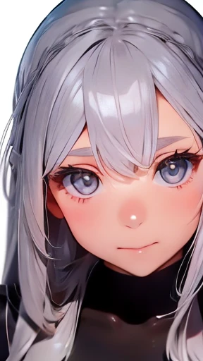 highest quality、realistic、Japanese、girl、zoom、look up、cute、gray eyes、long hair、silver hair、all back、Forehead is coming out、leotard、face close up