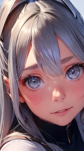 highest quality、realistic、Japanese、girl、zoom、look up、cute、gray eyes、long hair、silver hair、all back、Forehead is coming out、leotard、face close up