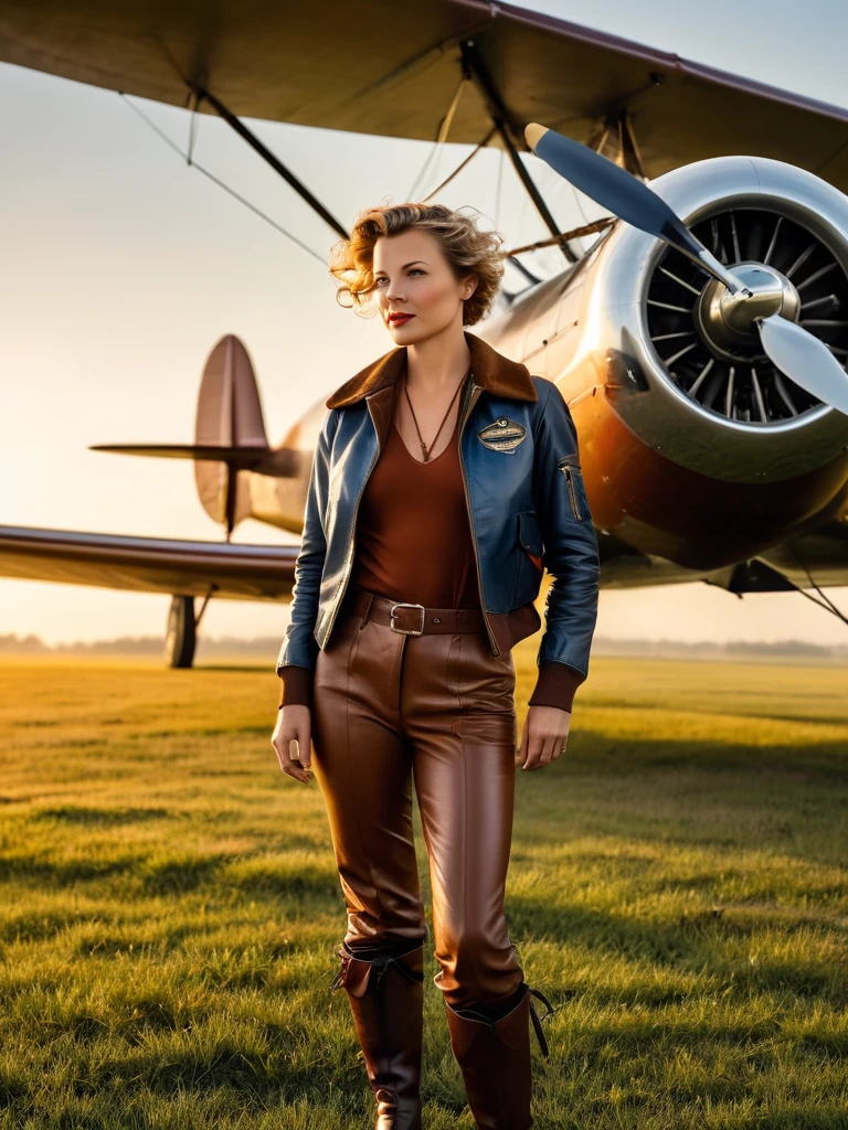Masterpiece, Imagine Maude Adams as Amelia Earhart in 1932, a 35 years old American woman, standing confidently beside her Lockheed Vega aircraft on the brink of her historic solo transatlantic flight. She's dressed in her iconic pilot attire: a leather flight jacket, breeches, and tall lace-up boots, embodying the spirit of adventure. Her gaze is fixed on the horizon, a symbol of her determination and pioneering spirit. The Vega, a symbol of technological achievement of the era, gleams under the early morning sun, poised on a grassy airfield. This moment captures the anticipation and courage of a trailblazer about to etch her name into the annals of aviation history, 16K, ultra high res.photorealistic, UHD, RAW