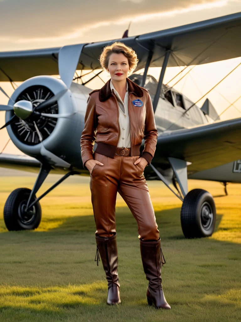 Masterpiece, Imagine Maude Adams as Amelia Earhart in 1932, a 35 years old American woman, standing confidently beside her Lockheed Vega aircraft on the brink of her historic solo transatlantic flight. She's dressed in her iconic pilot attire: a leather flight jacket, breeches, and tall lace-up boots, embodying the spirit of adventure. Her gaze is fixed on the horizon, a symbol of her determination and pioneering spirit. The Vega, a symbol of technological achievement of the era, gleams under the early morning sun, poised on a grassy airfield. This moment captures the anticipation and courage of a trailblazer about to etch her name into the annals of aviation history, 16K, ultra high res.photorealistic, UHD, RAW