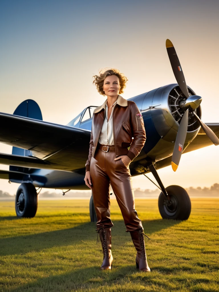 Masterpiece, Imagine Maude Adams as Amelia Earhart in 1932, a 35 years old American woman, standing confidently beside her Lockheed Vega aircraft on the brink of her historic solo transatlantic flight. She's dressed in her iconic pilot attire: a leather flight jacket, breeches, and tall lace-up boots, embodying the spirit of adventure. Her gaze is fixed on the horizon, a symbol of her determination and pioneering spirit. The Vega, a symbol of technological achievement of the era, gleams under the early morning sun, poised on a grassy airfield. This moment captures the anticipation and courage of a trailblazer about to etch her name into the annals of aviation history, 16K, ultra high res.photorealistic, UHD, RAW