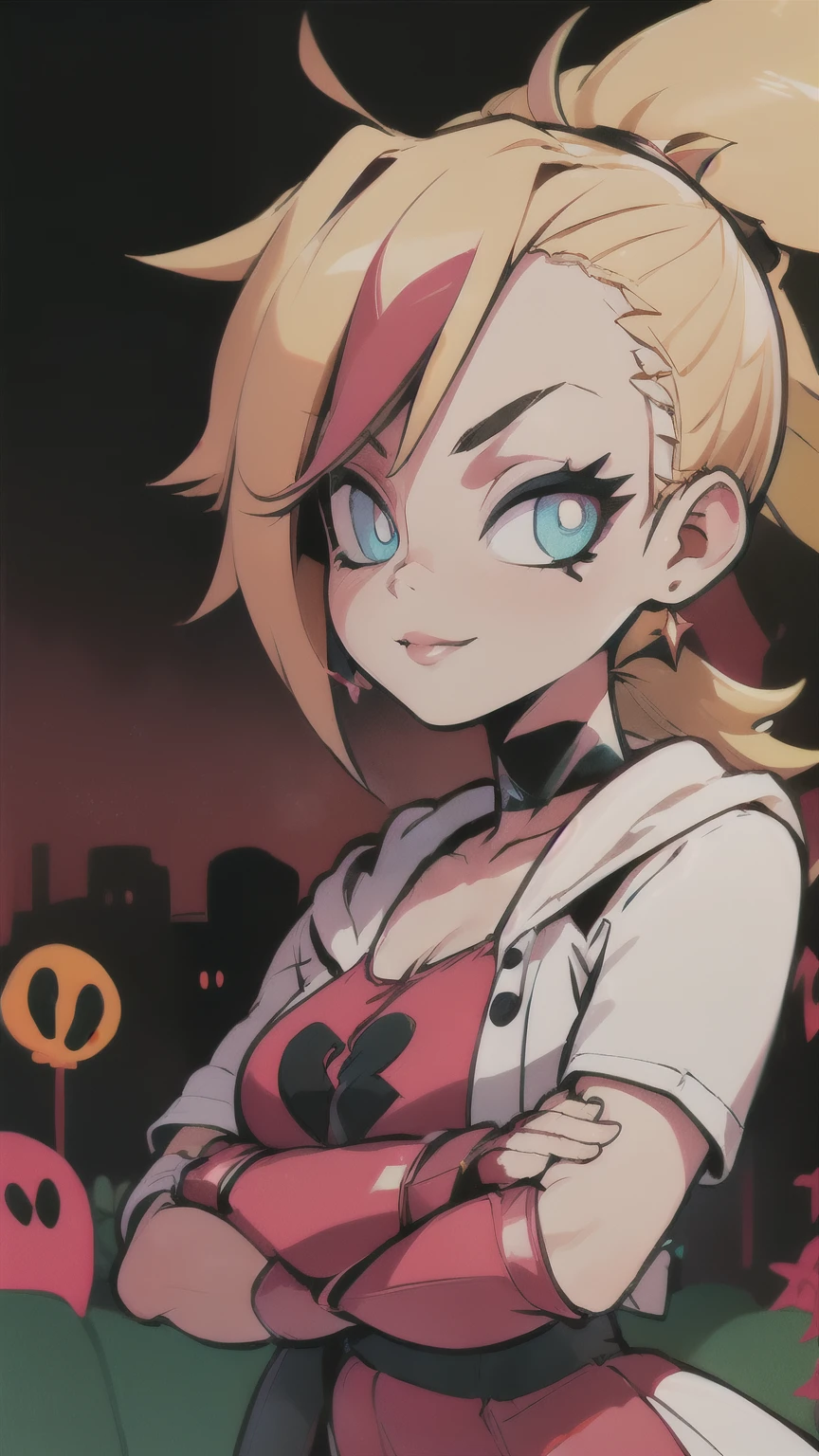 (best quality:1.2),solo,1girl,mdrin,smile,looking at viewer,crossed arms,ponytail,v-shaped eyebrows,white jacket,red shirt,fingerless gloves,black skirt,choker,illustration,detailed background,soft lighting,vibrant colors,fantasy style,blurred foreground,flower garden,subtle shadows,daytime ambiance,lens flare,expressive eyes,lively atmosphere,joyful expression,impeccable makeup,glossy lips,twinkling eyes,sunlit scene,whimsical feeling
