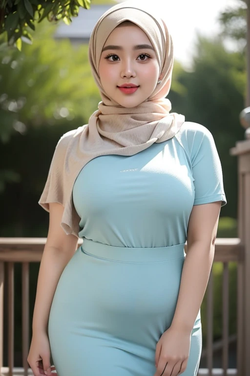 A masterpiece, a 22 years old malay woman, wearing hijab but naked, narrow waist, soft lighting, round big breast, (open breasts), smirky face, (chubby), looking at the viewer. (Skin details:1.3), harden nipples, part lips, modern hijab, seductive with bokeh camera background