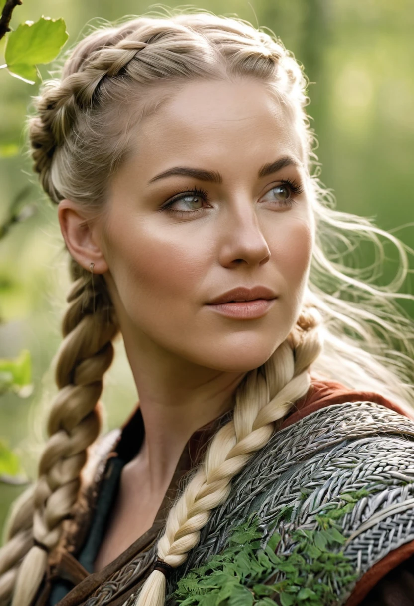 best quality,4k,8k,highres,masterpiece:1.2),ultra-detailed,(realistic,photorealistic,photo-realistic:1.37),portrait, (viking woman), scandinavian, 35 years old,chubby, "Ingrid Mueller" (light blonde hair braids), birch forest, natural lighting, soft shadows,green color palette, relaxed expression, braided hair,, gentle smile, peaceful atmosphere, spring leaves,fine art,close-up of face and upper body, , natural body, natural pose, (medieval viking clothing), subtle wind blowing, serene mood, harmonious background, high resolution,detailed eyes, rosy cheeks, happy demeanor