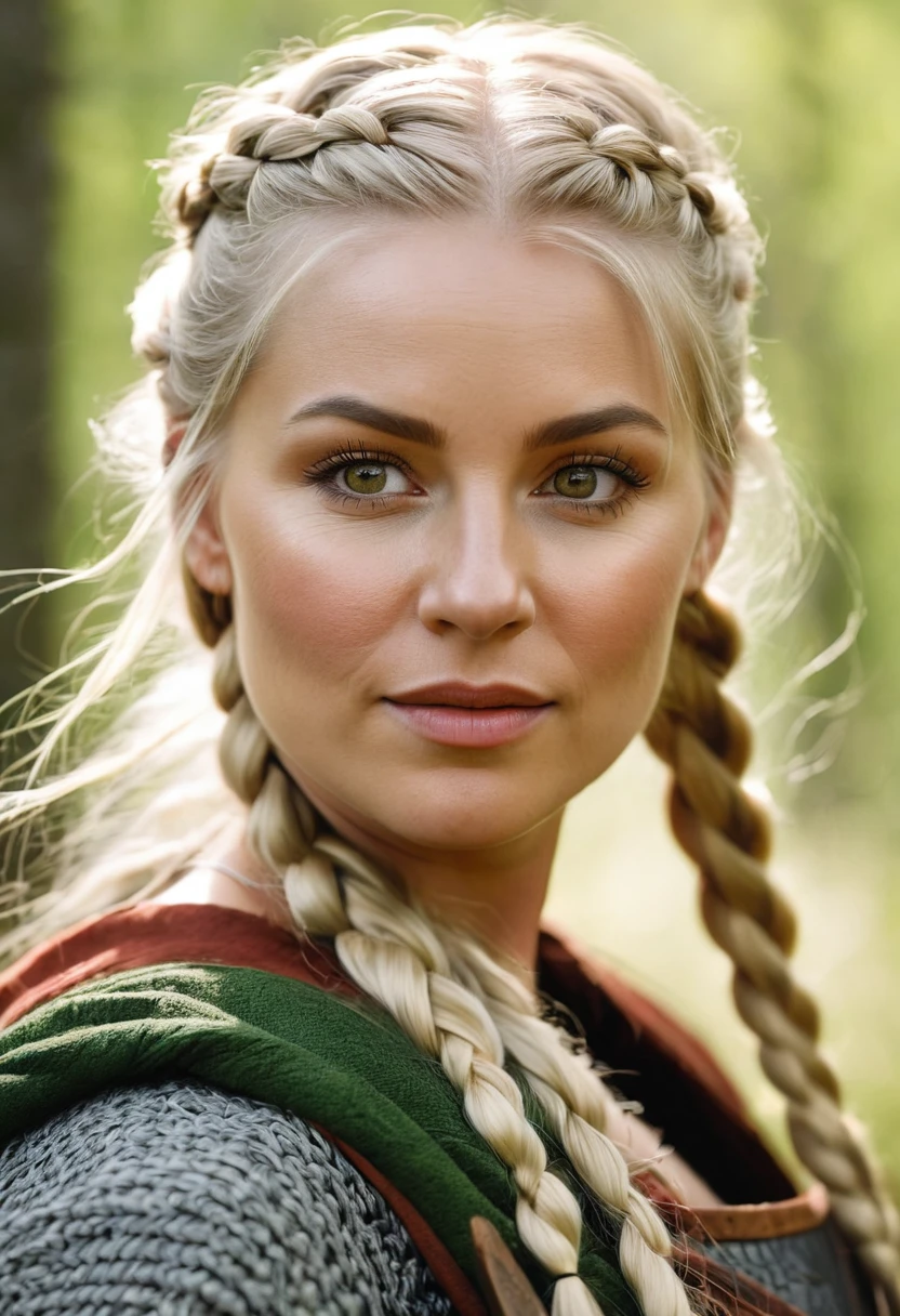 best quality,4k,8k,highres,masterpiece:1.2),ultra-detailed,(realistic,photorealistic,photo-realistic:1.37),portrait, (viking woman), scandinavian, 35 years old,chubby, "Ingrid Mueller" (light blonde hair braids), birch forest, natural lighting, soft shadows,green color palette, relaxed expression, braided hair,, gentle smile, peaceful atmosphere, spring leaves,fine art,close-up of face and upper body, , natural body, natural pose, (medieval viking clothing), subtle wind blowing, serene mood, harmonious background, high resolution,detailed eyes, rosy cheeks, happy demeanor
