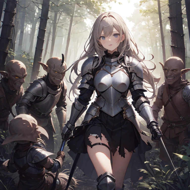 A female knight, (in forest), wearing armored clothes, metal armor, night, details face, , short skirt, surrounded by goblins, various weapons, torn clothes 