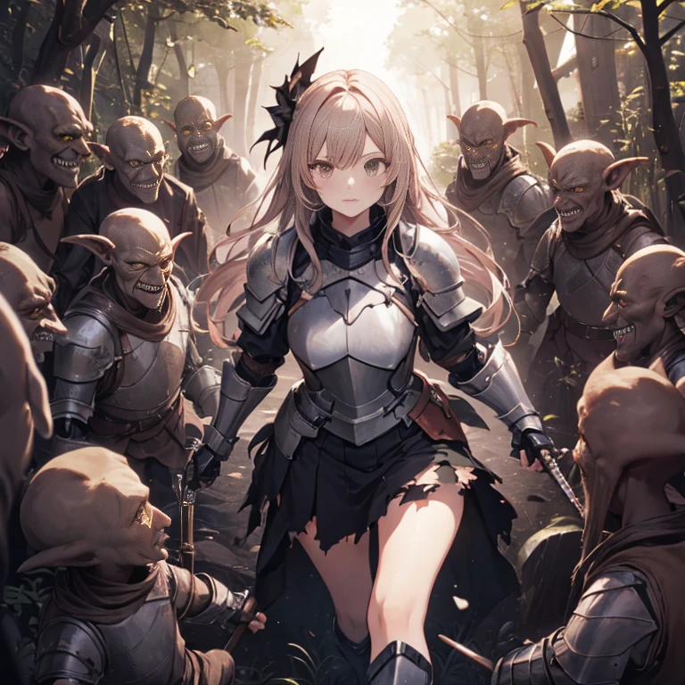 A female knight, (in forest), wearing armored clothes, metal armor, night, details face, , short skirt, surrounded by goblins, various weapons, torn clothes 