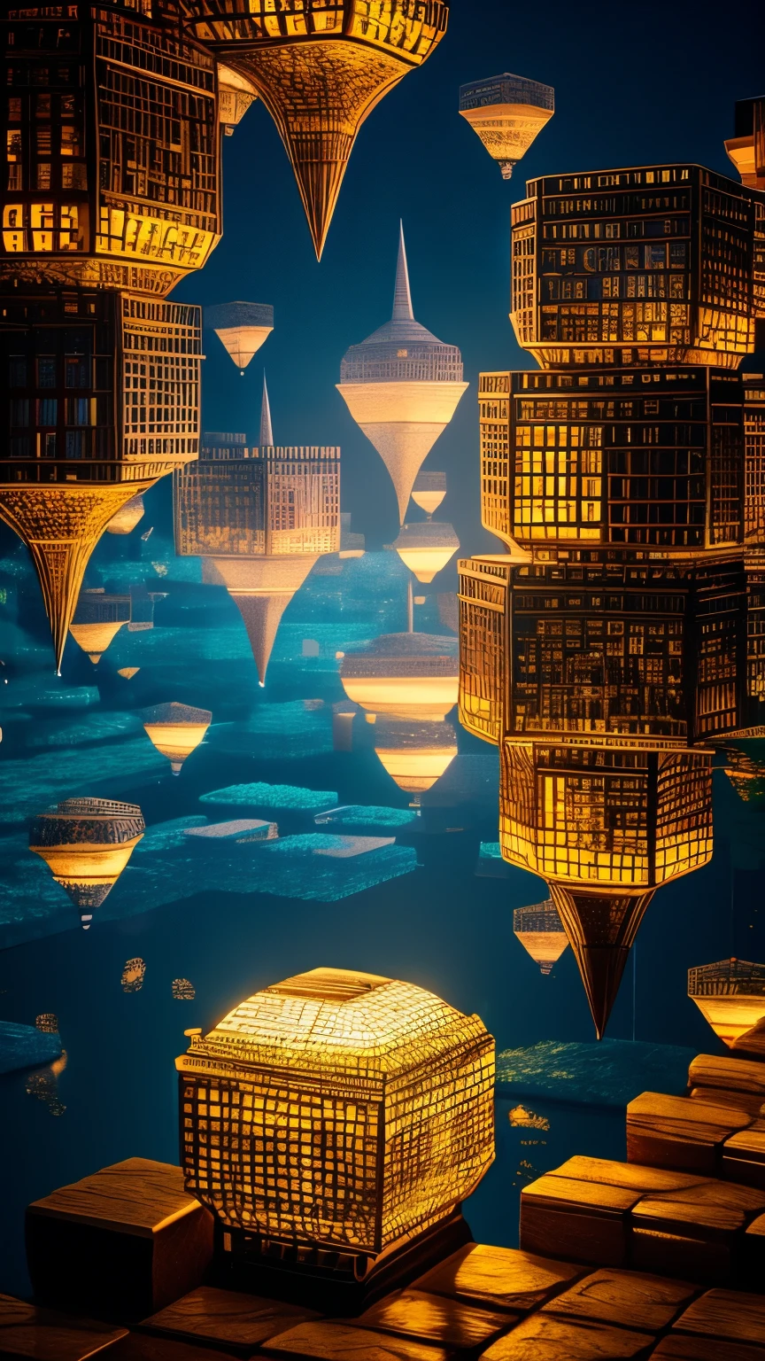 best quality, super fine, 16k, RAW photo, photorealistic, incredibly absurdres, extremely detailed, tower made of many giant geometrically shaped blocks stacked on top of each other, translucent iridescent sphere that shines in the center, fantasy world image, fantastic and mysterious