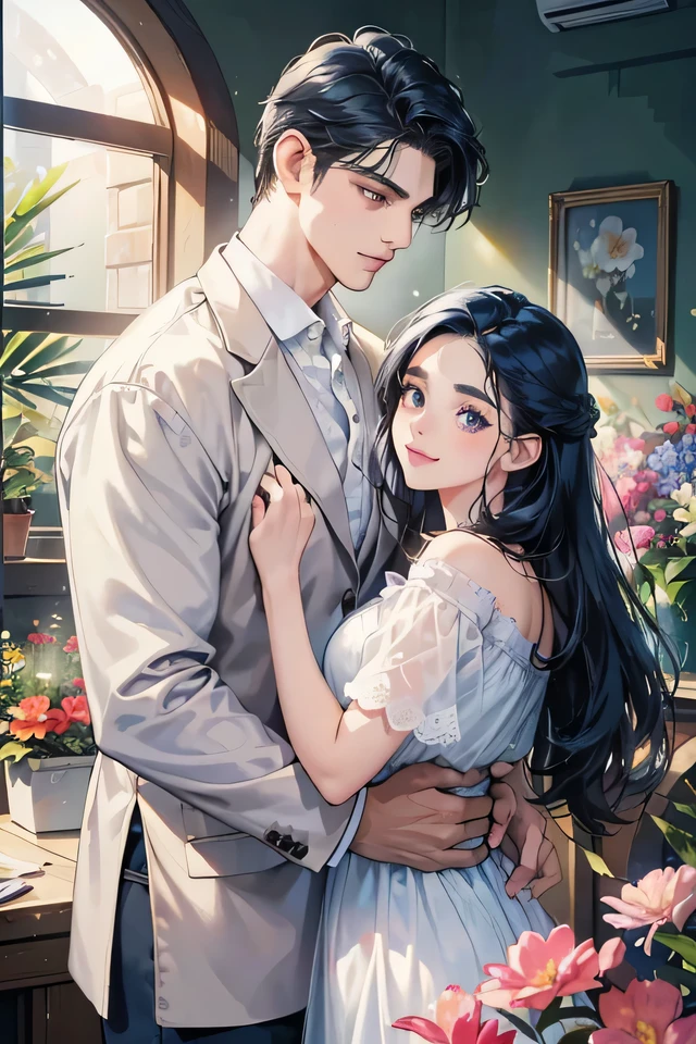 (table top, digital art, digital illustration, 4K, 8K, super detailed, high quality, high detailed, beautiful images, clear image, realistic, RAW photo, perfect face, perfect lines, perfect eyes, soft lighting) 1 female, (dark blue hair,long hair,innocent look,droopy eyebrows,sparkling eyes,With a round face,Round jaws、innocence,cute,Big eyes,natural makeup,smile gently,E cup,23 year old female:1.3),Two handsome men in suits, (human, black short hair, Men in suits,muscular,Firm shoulder width, mannish hairstyle,A man in his 30s with a cool expression,28-year-old man with bright smile:1.2),flower shop,At the flower shop,Flower Cottage,colorful flowers,lots of flowers、couple dancing、white shirt、denim、country style