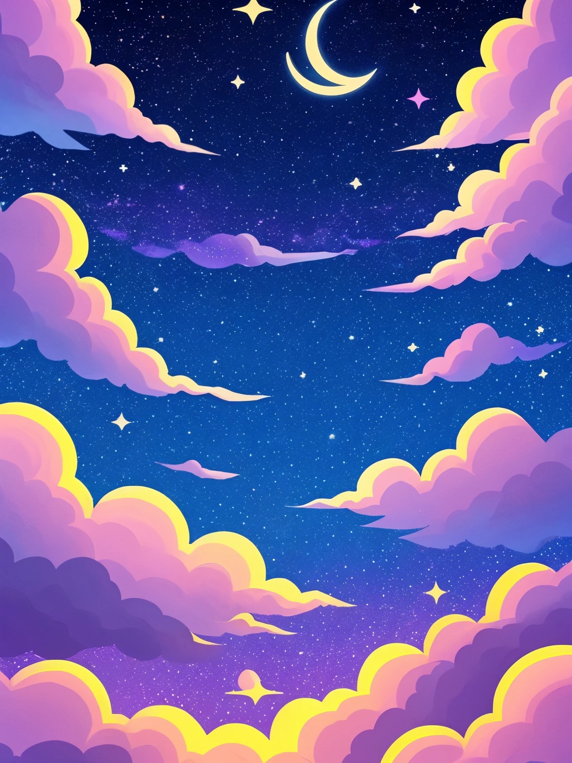 a painting of a crescent and stars in the sky, pixel art by Eva Frankfurther, tumblr, space art, dreamy night, detailed dreamscape, fluffy pink anime clouds, space clouds, anime clouds, anime background, beautiful iphone wallpaper, dreamy clouds, background art, aesthetic clouds in the sky, fantasy puffy sky, anime background art, wallpaper aesthetic, cosmic sky