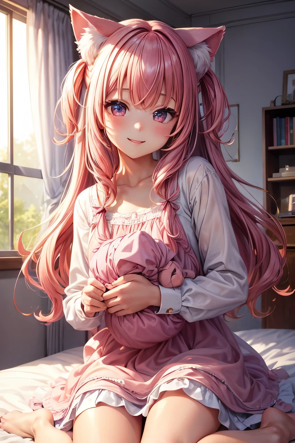 Best Quality, High Resolution, Perfect Human Structure, Focus On Background, Front View, Baby, Bedroom, Sleepy, Bed, Pink Hair, Shining Hair, Cat Ear, Living Room, Heart Shape Pupils, Wavy Hair, Shiny Hair, Smiling, Pink Dress, Beautiful, Rain