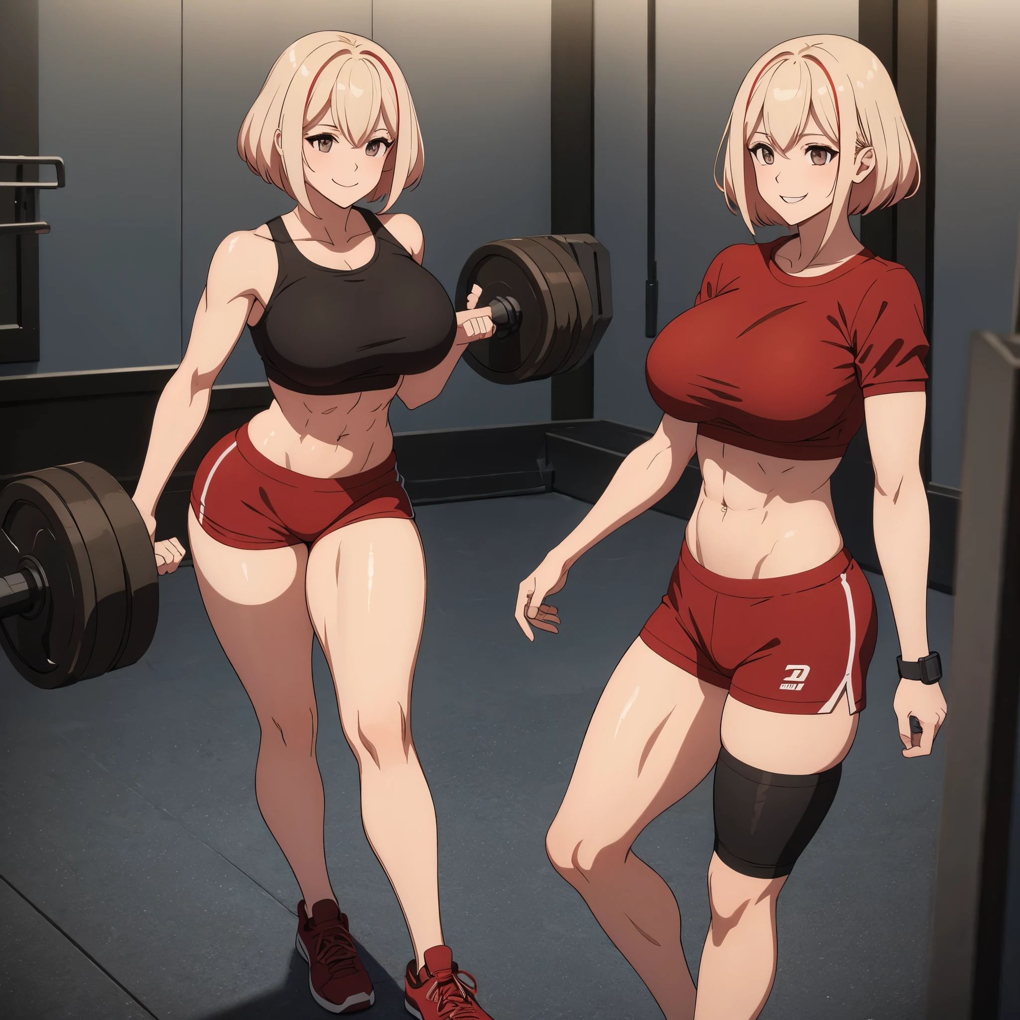 Your influencer character(sexy milf boobs) with short blonde hair dressed in gym cloths working out in the gym by herself lovely expression bright coloring smily face.