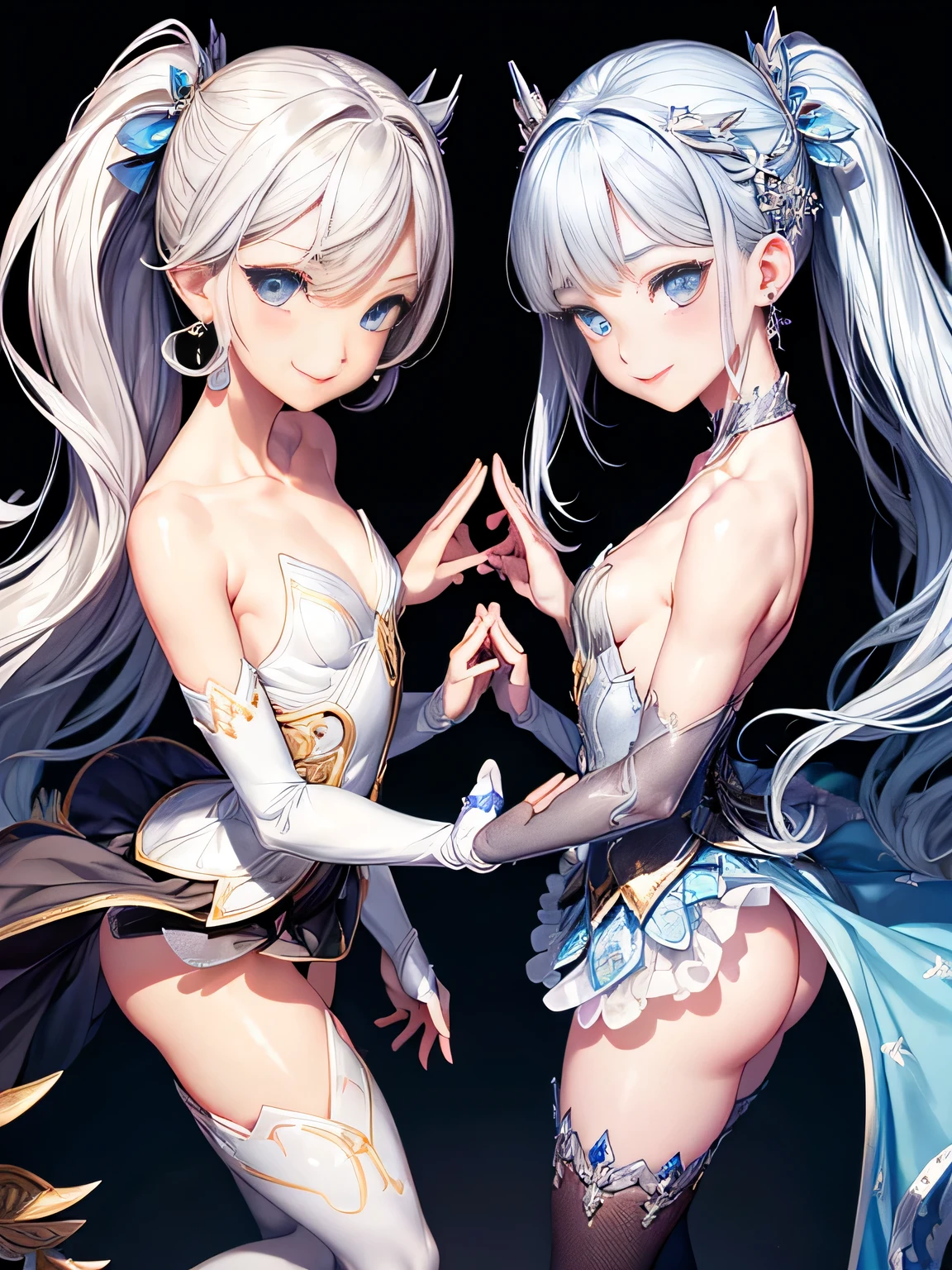 ((Biologically correct limb count))、4k、masterpiece、((focus on face))、((symmetrical facial features))、Eyes with detailed description、Beautiful woman、outstanding style、beautiful arms、beautiful feet、beautiful hands、(small ass、thin thighs)、detailed depiction of the face、small earrings、(((Neat))、skirt、high heels、stockings)、close up of face、smile、Blue-silver hair、blue eyes