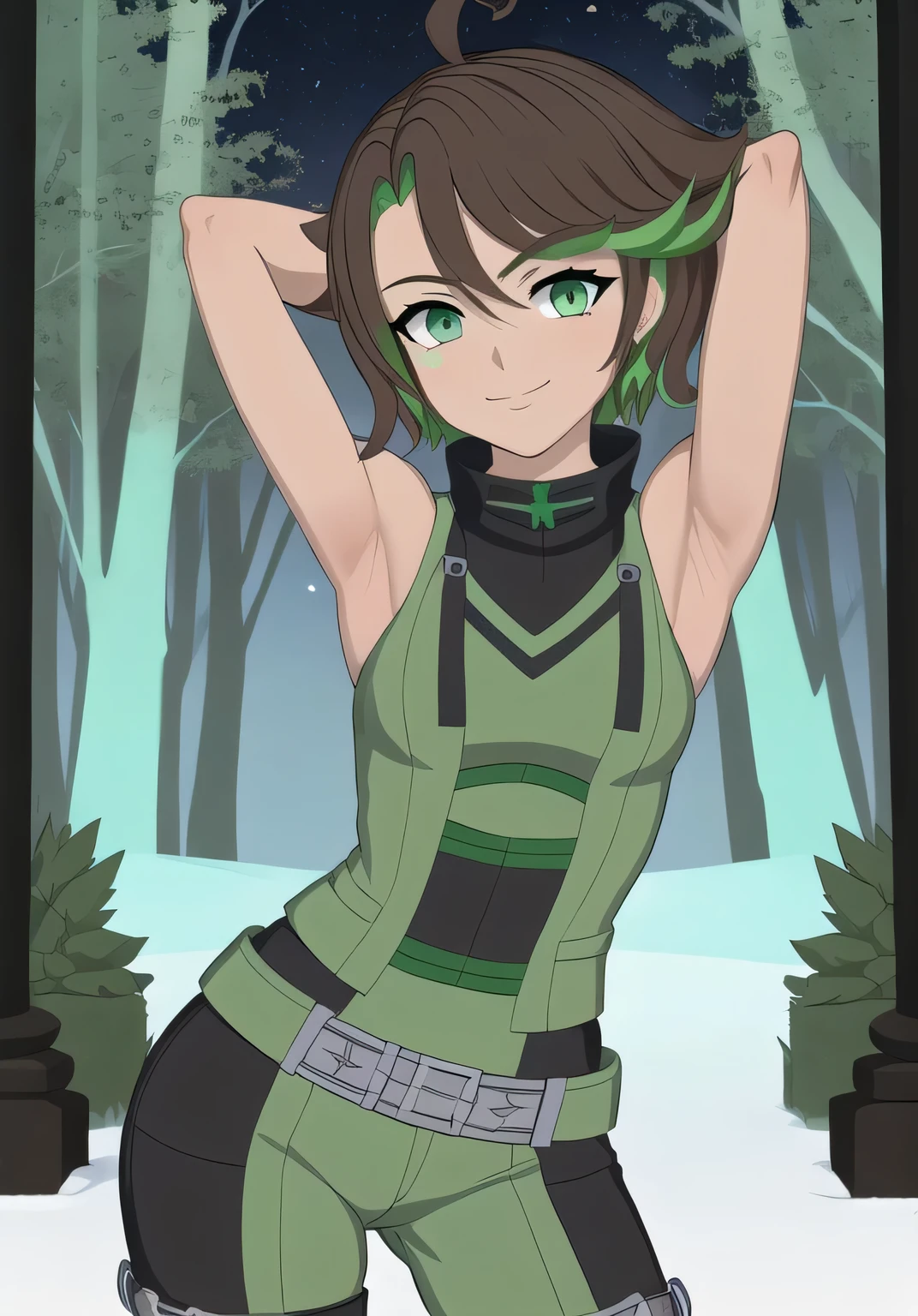 masterpiece, best quality, (Jessica_Cruz_rwby), (green eyes),  (1girl), (green eyes), solo, night sky, forest, arms behind head, contrapposto, spread armpits, closed mouth, looking at viewer, dynamic pose, smile, cowboy shot,