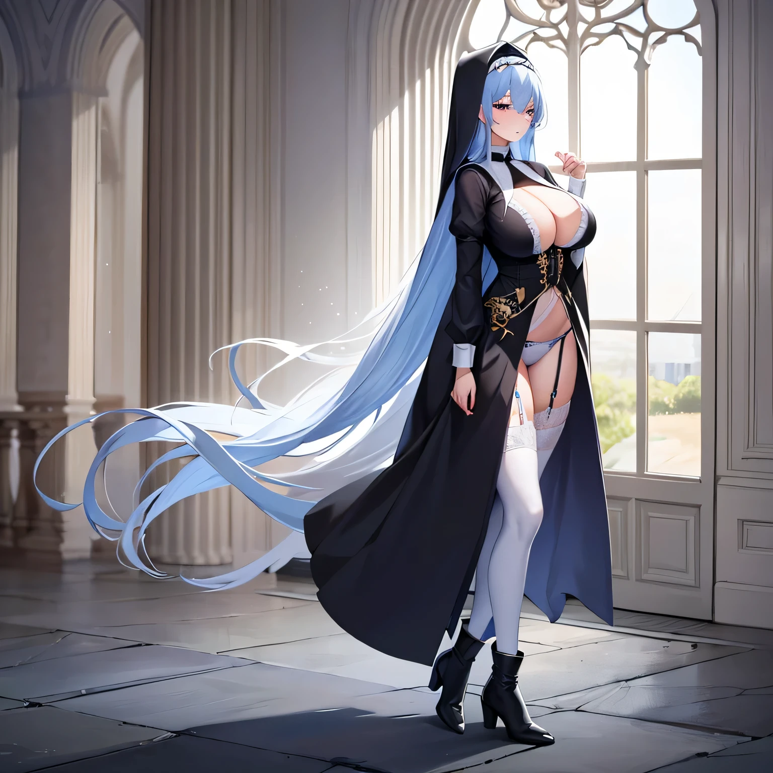 超highest quality、In 8K、Masseter muscle part、delicate illustrations、Full body Esbian)、inside the church、((full body composition、back angle))、Standing nun、A beautiful and bewitching 25 year old woman、1people's women、(perfect style)、Slender slender、monastic clothes、(Perfect monastic clothes size)、(Monastic clothes with slits),(Gorgeous embroidery on clothes)、big breasts、(The clothes are transparent and the nipples are visible)、bright white skin、Light blue hair、blush、Monastic cap、(masterpiece, Super detailed, highest quality, High resolution, 16k), reflected light, super beautiful woman, Unparalleled beauty,((anatomically correct)), ((1 girl)), alone, ((big breasts:1.5, )), (Monastic clothes with slits that reveal legs), ( Cross embroidery on the side of the garment,clothes are black, white boots,garter belt,Cleavage from clothes)、The wind makes my clothes flutter