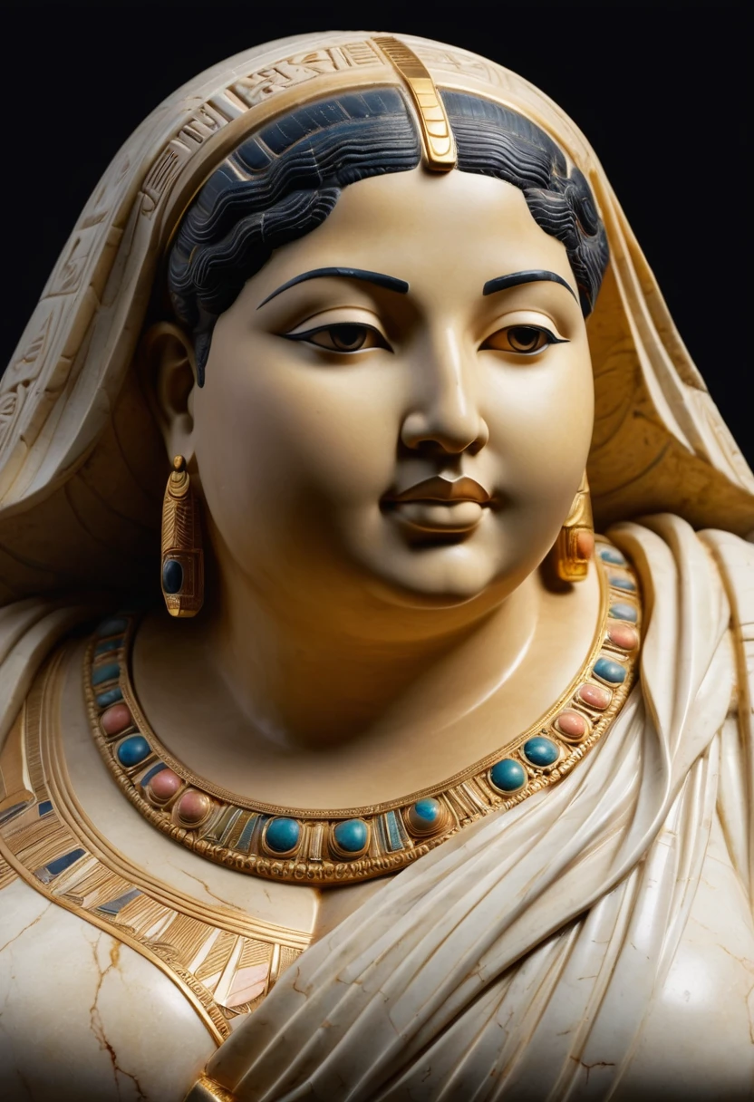 (best quality, highres, ultra-detailed, realistic:1.37), ancient Egypt (marble statue) stone_staute of a (chubby) (fat) woman, intricate sculpted details, smooth texture, serene expression, flowing drapery, delicate carvings, lifelike proportions, graceful curves, polished stone finish, timeless beauty, elegant pose, naturalistic features, ancient artifact, classical art, museum-worthy masterpiece, exquisite craftsmanship, divine beauty, ethereal aura, iconic symbol of femininity, (soft, subdued) color palette, soft diffused lighting