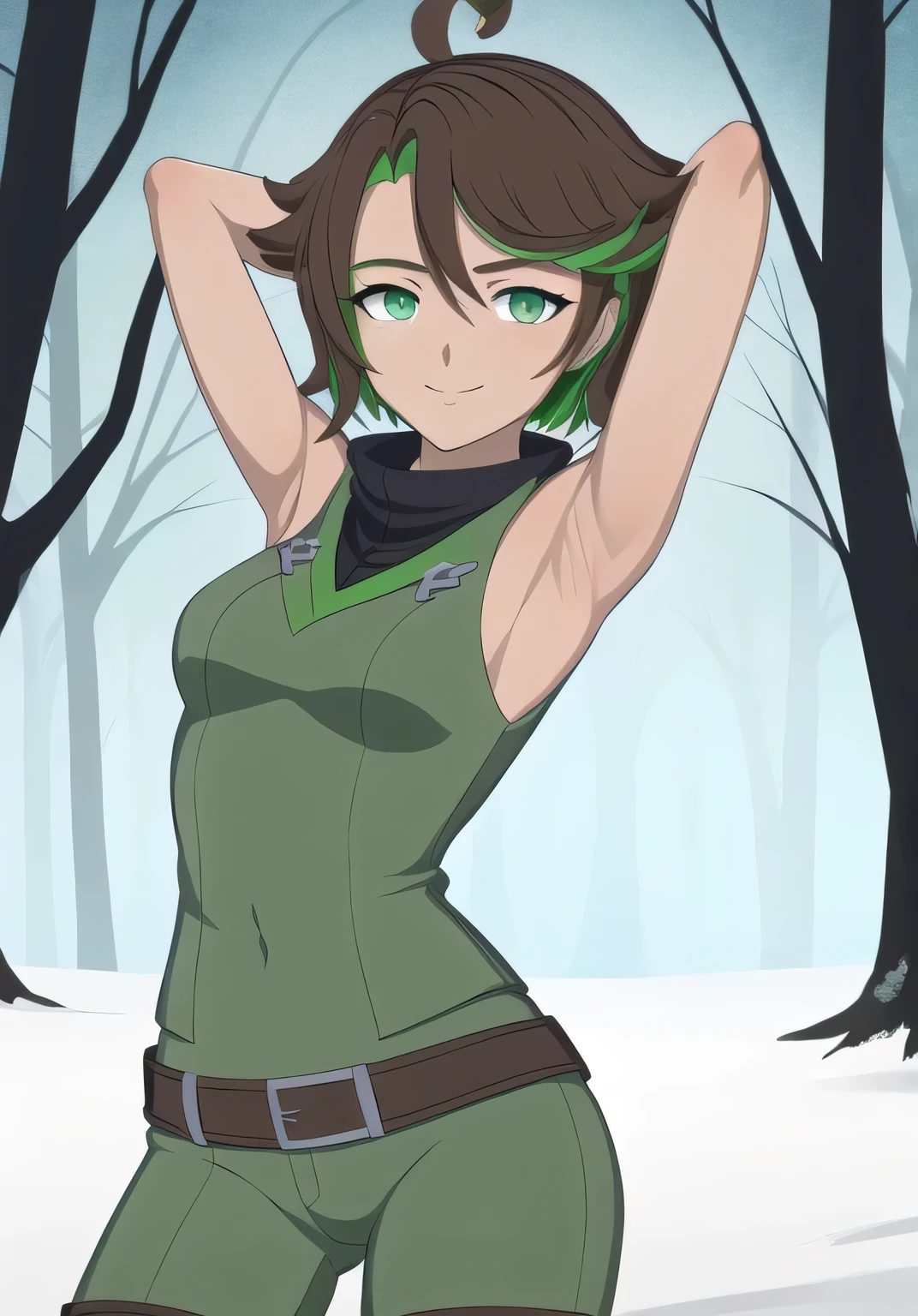 masterpiece, best quality, (Jessica_Cruz_rwby), (green eyes), (1girl), (green eyes), solo, night sky, forest, arms behind head, contrapposto, spread armpits, closed mouth, looking at viewer, dynamic pose, smile, cowboy shot,