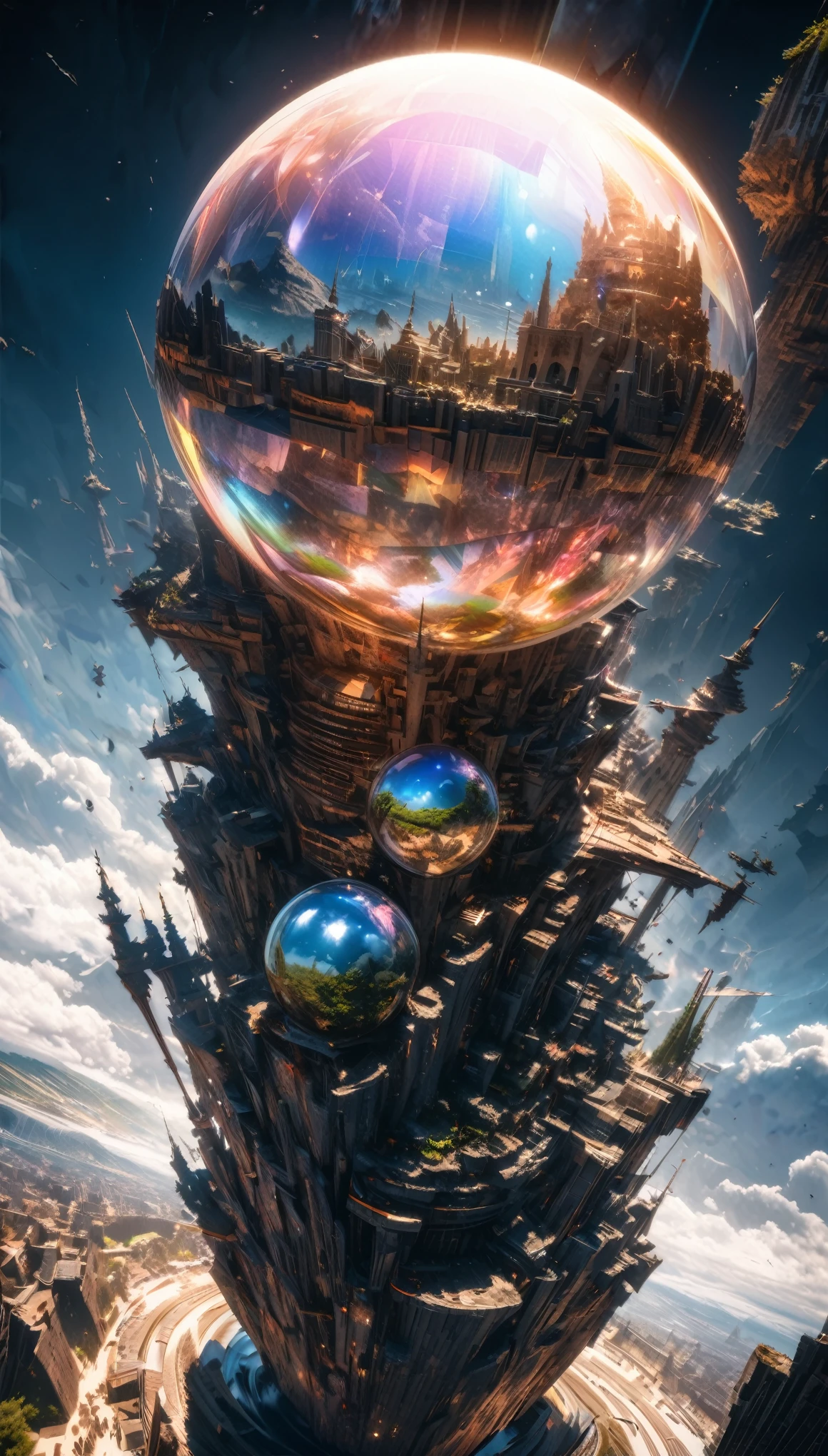 best quality, super fine, 16k, RAW photo, photorealistic, incredibly absurdres, extremely detailed, tower made of many giant geometrically shaped blocks stacked on top of each other, translucent iridescent sphere that shines in the center, fantasy world image, fantastic and mysterious