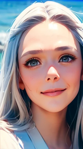 highest quality、realistic、Japanese、girl、zoom、look up、cute、gray eyes、long hair、white hair、all back、Forehead is coming out、Ocean、white blouse、joy、Grinning、face close up